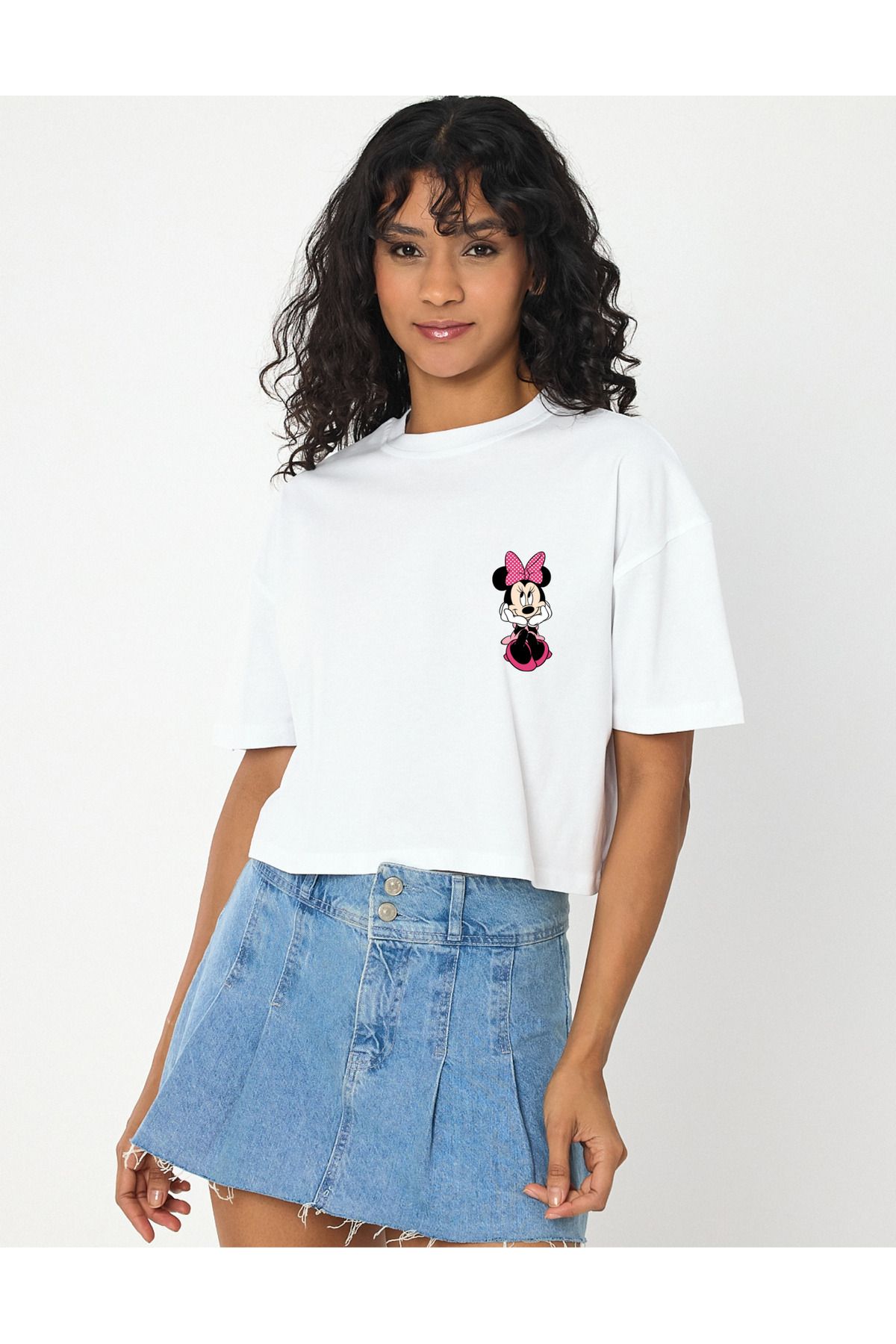 Windy Island Kadın Bisiklet Yaka Mini Mouse Baskılı Crop T-shirt