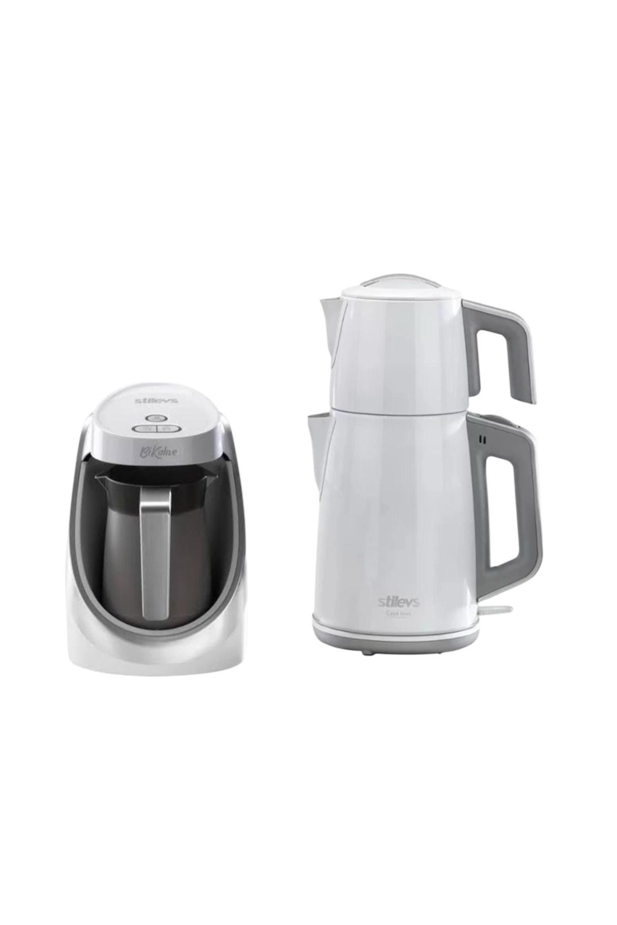 SİTİLEVS çays inox beyaz çay makinesi+ beyaz renk bikahve kahve makinesi 2'li set 6 parça