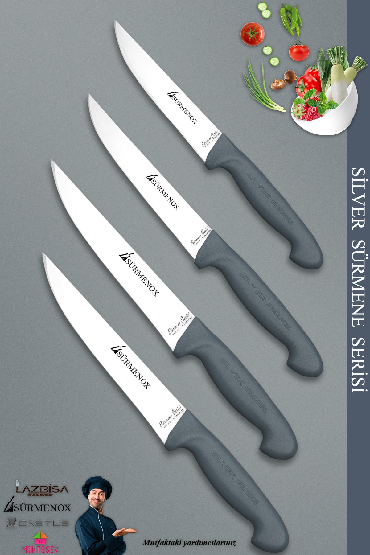 SÜRMENOX Sürmene Silver Serisi Gri Sap Mutfak Bıçak Seti Et Ekmek Sebze Meyve Kesme Bıçağı 4 Lü Set (Srm-013)