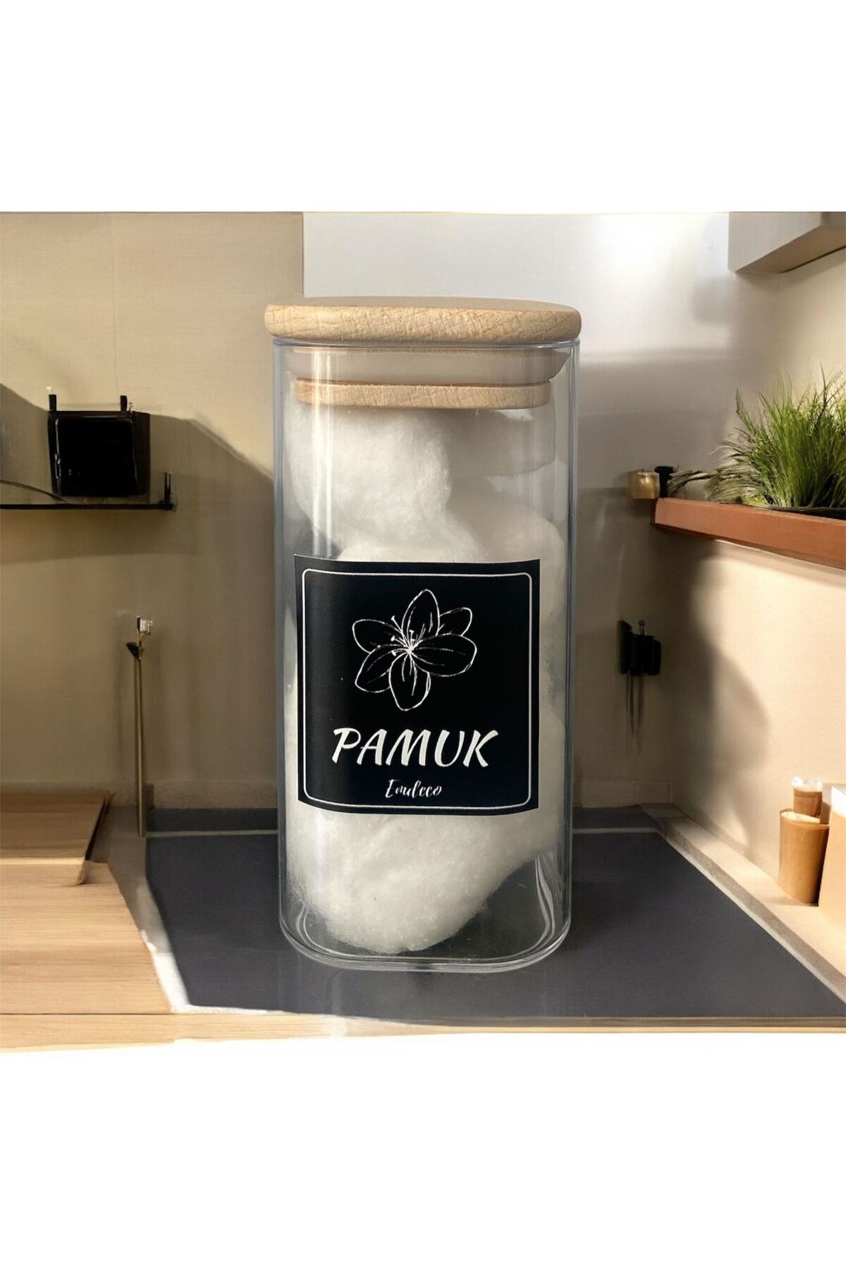 emdeco Tekli Ahşap Kapaklı Akrilik Şeffaf Pamuk Kavanozu