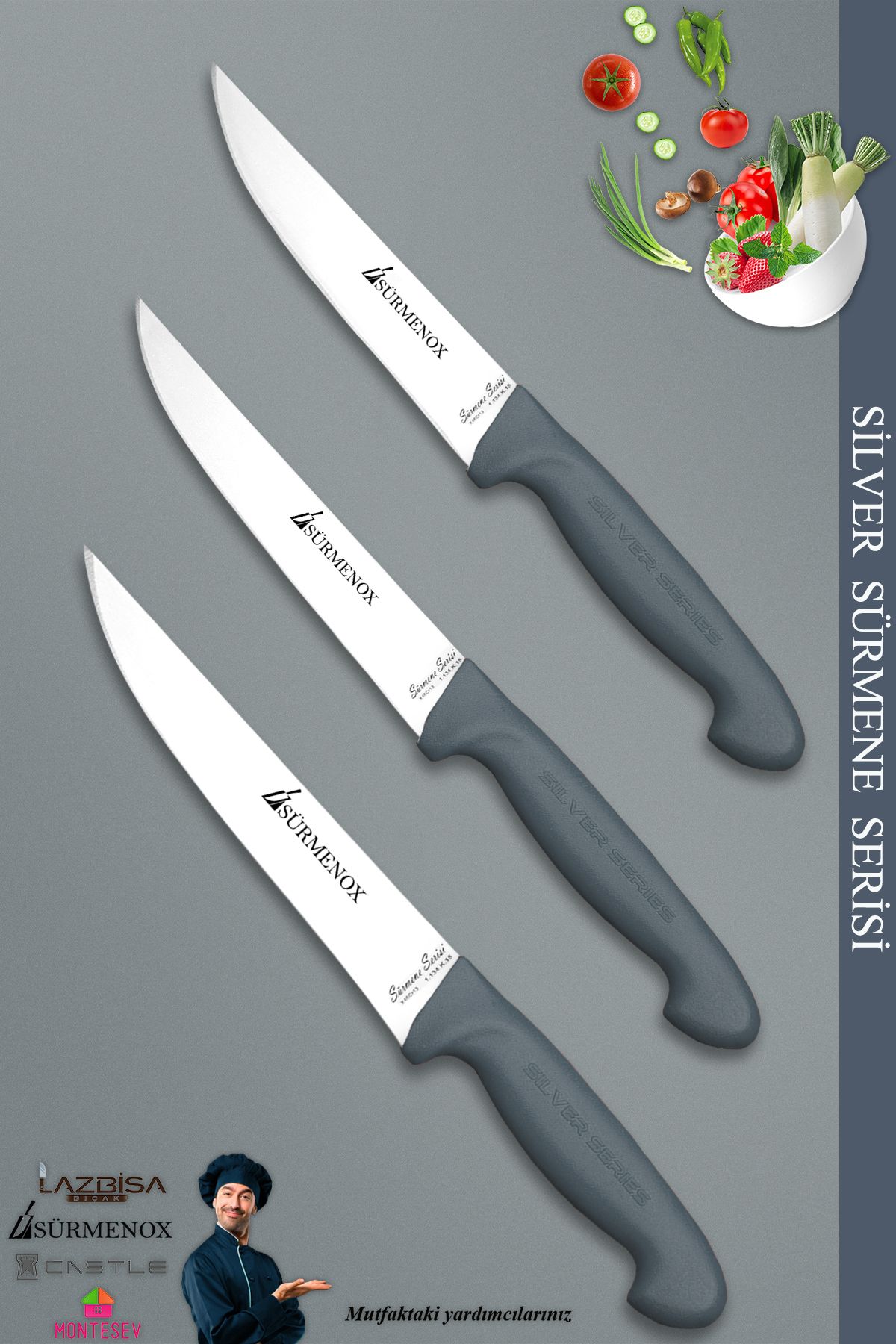 SÜRMENOX Sürmene Silver Serisi Gri Sap Mutfak Bıçak Seti Et Ekmek Sebze Meyve Kesme Bıçağı 3 Lü Set (srm-012)