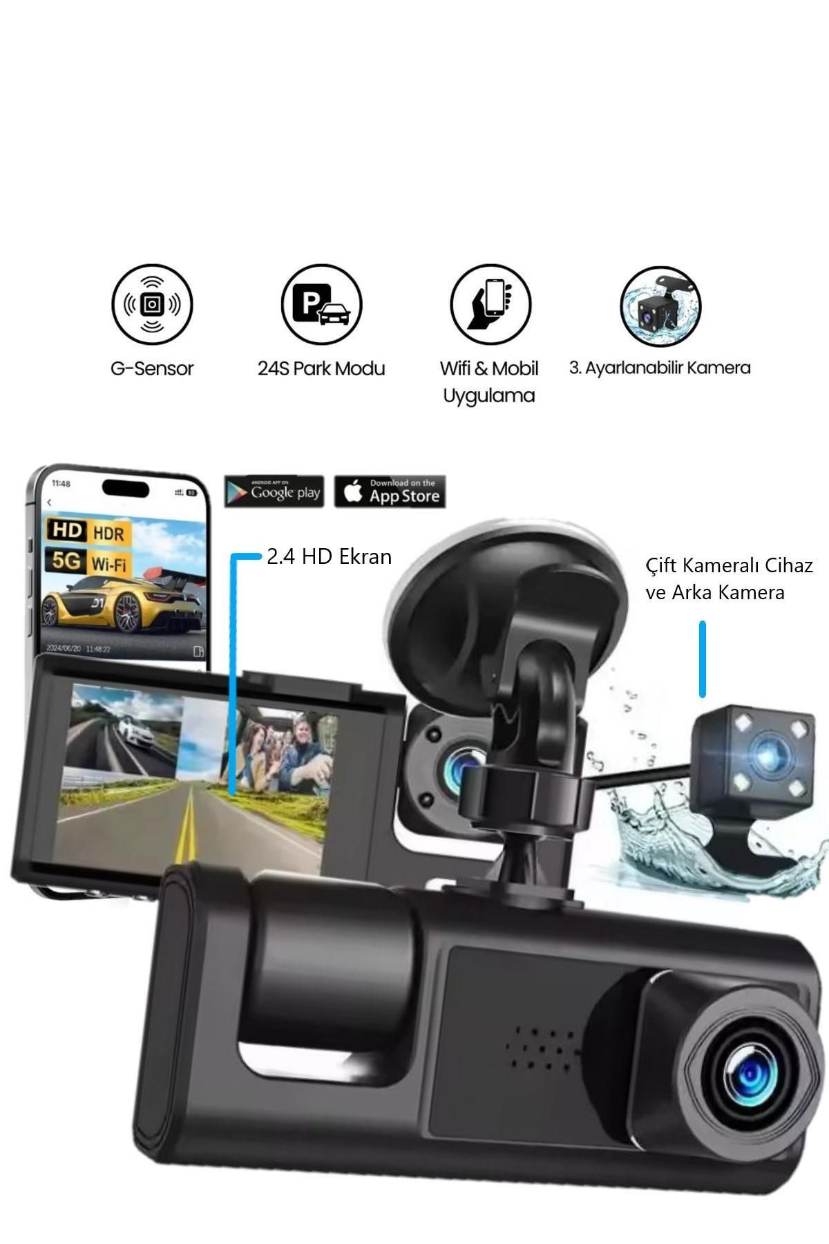PREPARE Araç İçi Wi-fi Güvenli Sürüş Kamerası Ön İç Arka 3 Kameralı G-sensör Mobil Uygulama İle Kolay İzleme