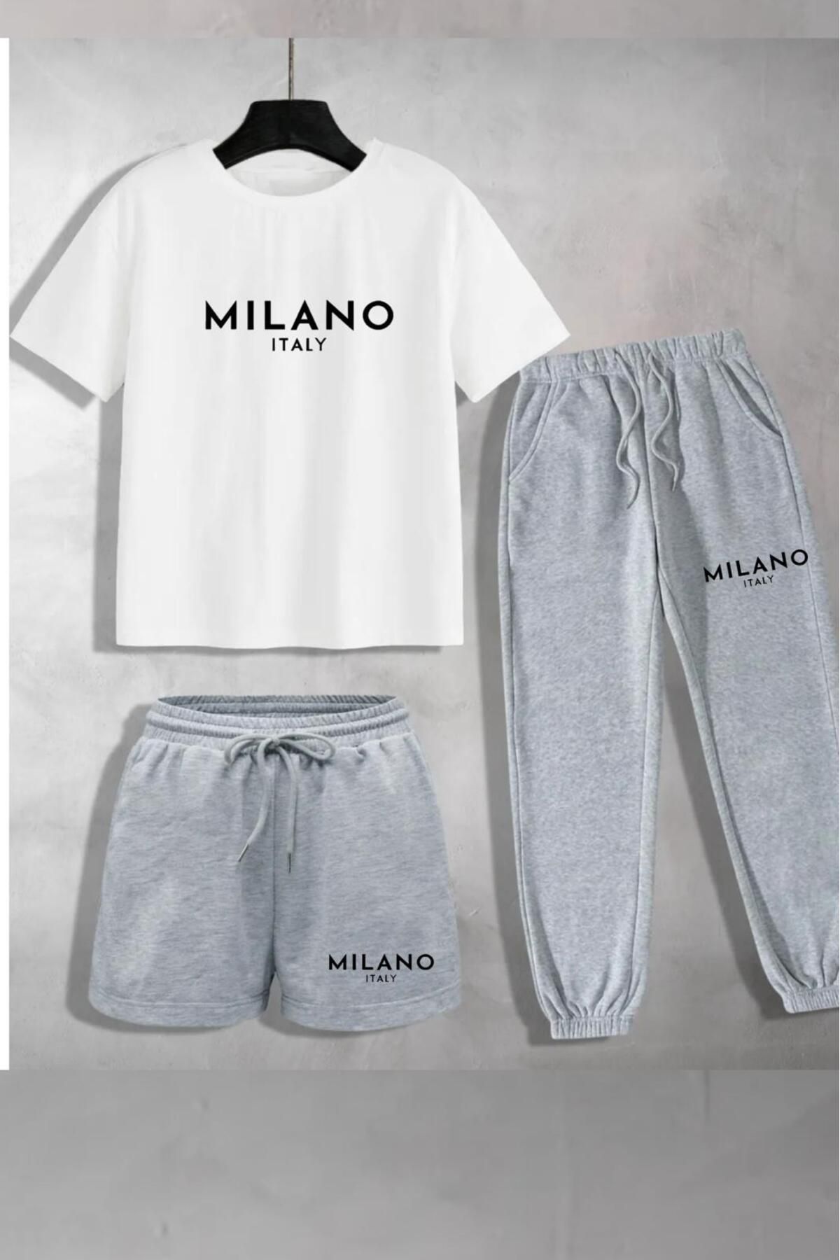 NO 601 Unisex Beyaz Oversize Kesim Milano Baskılı T-shirt Gri Şort Ve Eşofman 3'lü Takım