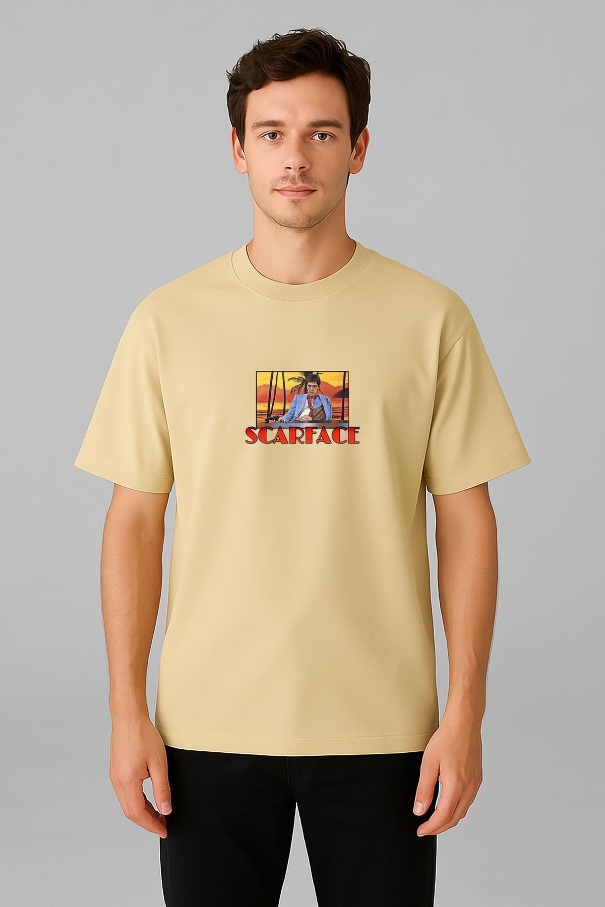 sielta Scarface Yaralı Yüz Baskılı Bisiklet Yaka Oversize Kalıp Tişört T-shirt