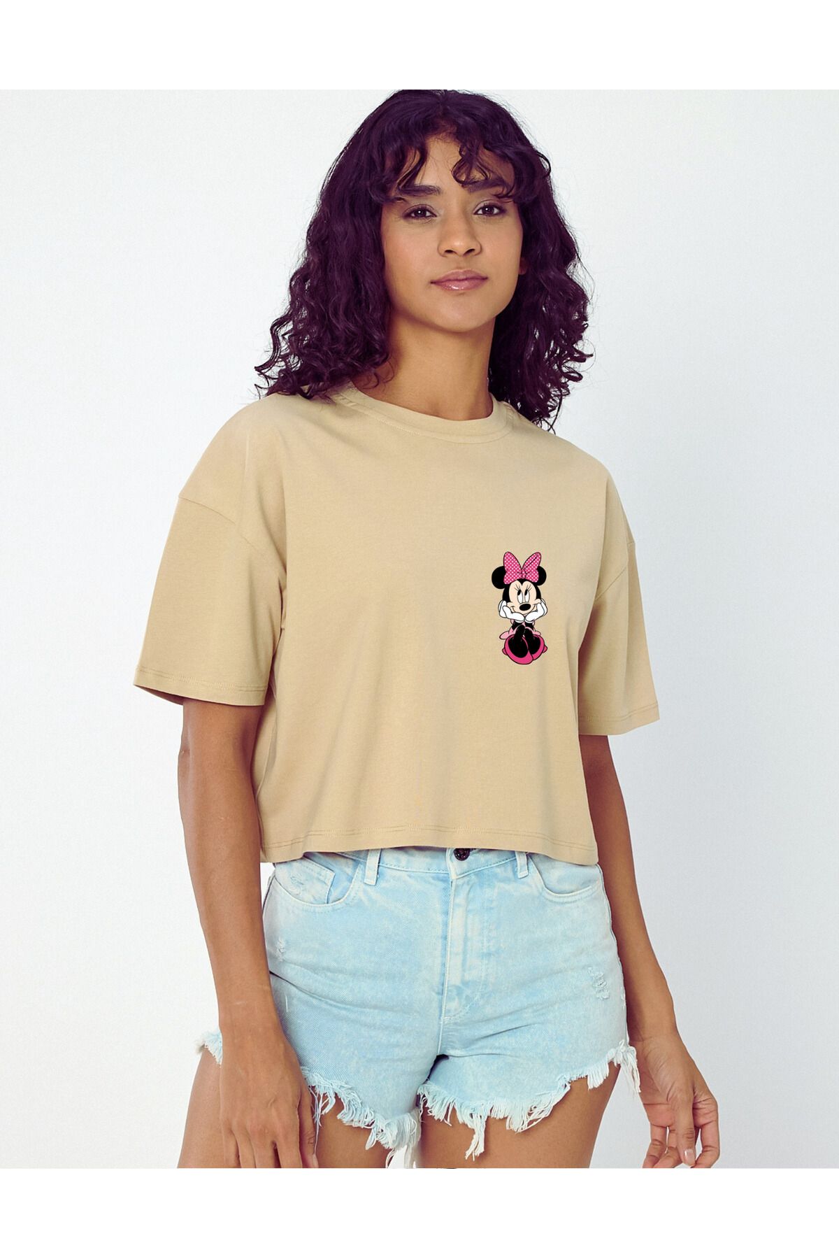 Windy Island Kadın Bisiklet Yaka Mini Mouse Baskılı Crop T-shirt