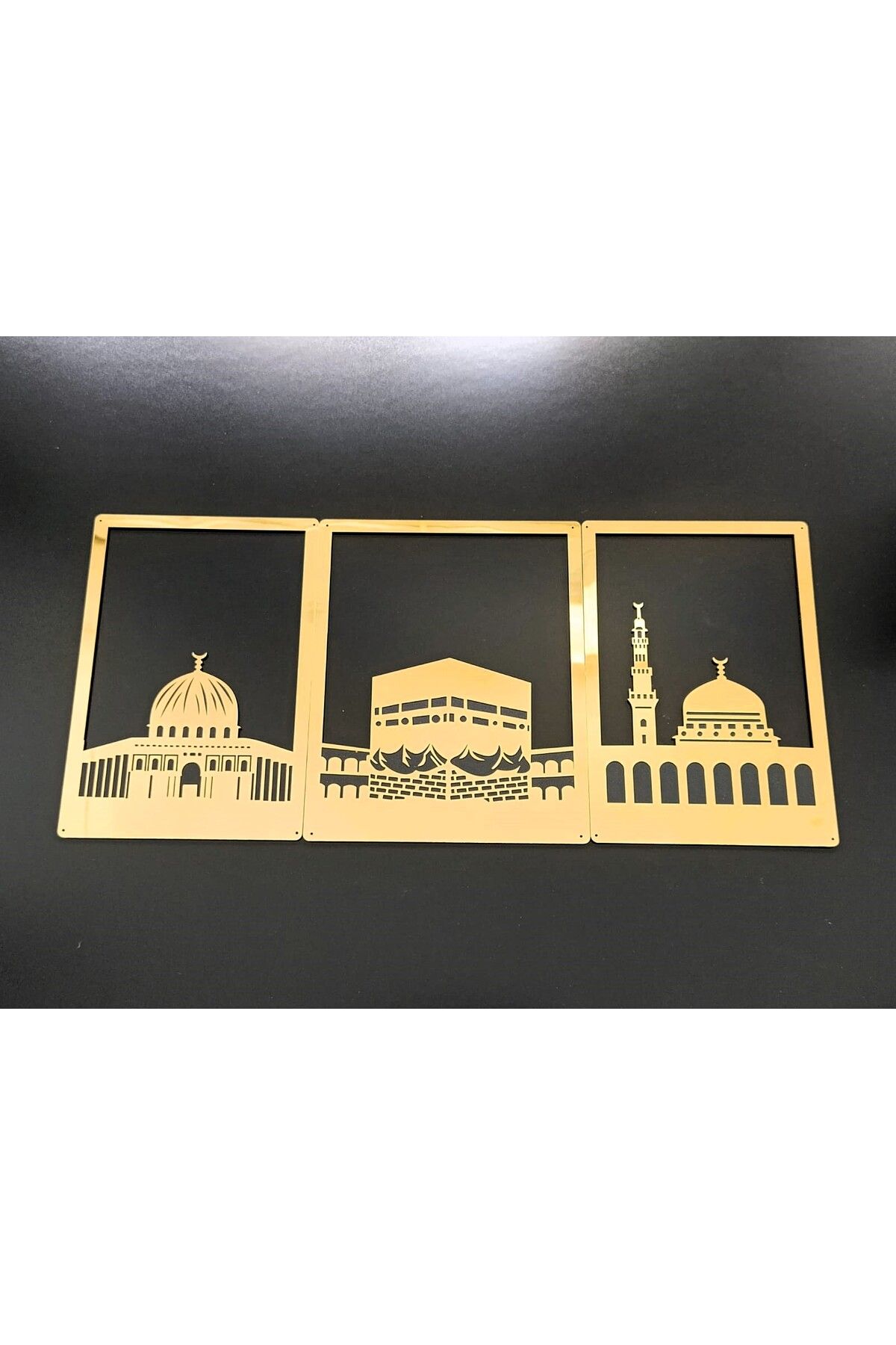 öyküdekor Gold Ayna Pleksi 3’lü Mescid Duvar Süsü – Mescid-i Haram, Mescid-i Aksa, Mescid-i Nebevi – 27x60 cm