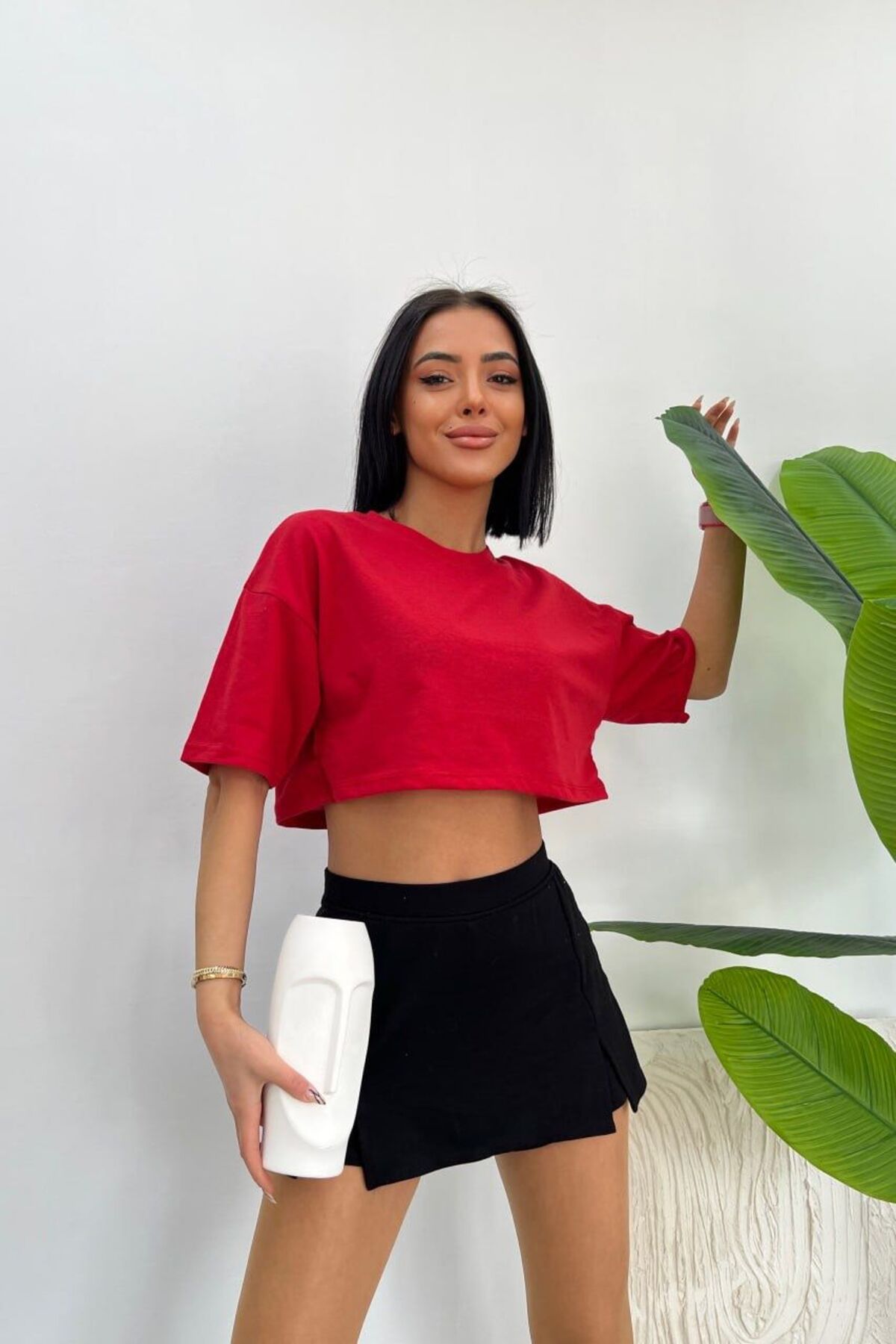 Jimback Kadın bisiklet yaka oversize crop t-shirt