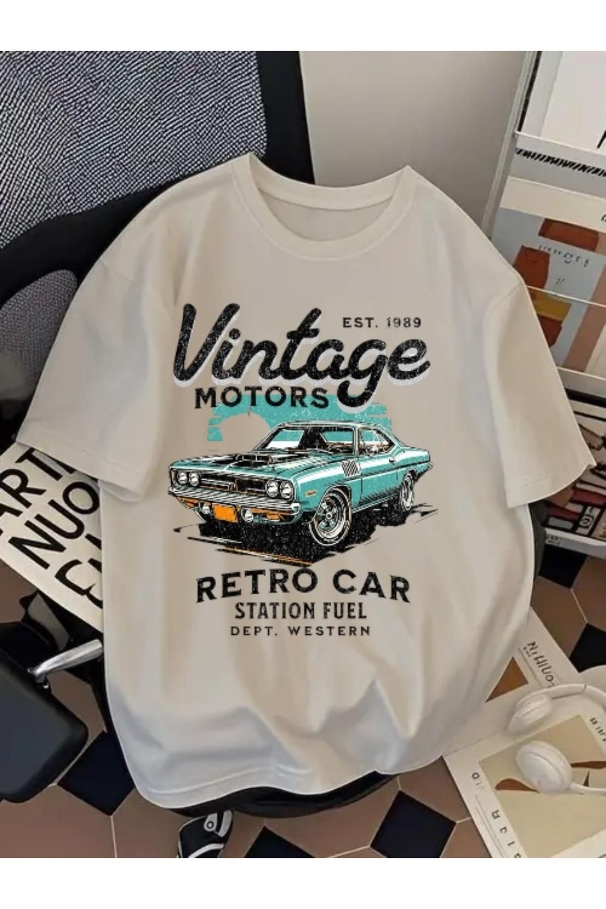 EQİ Vintage Retro Car Baskılı Oversize T-Shirt