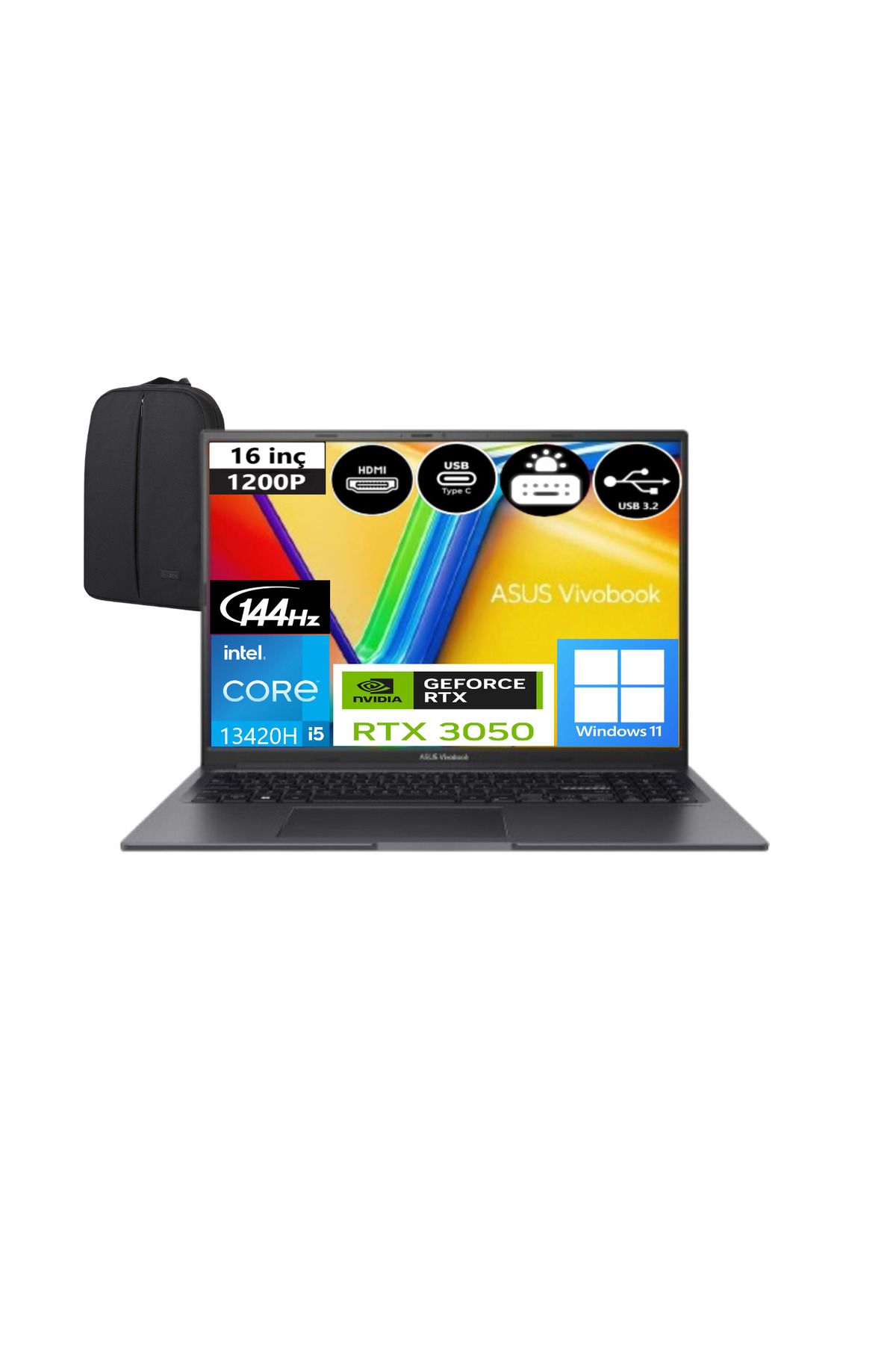 ASUS Vivobook 16X K3605VC-RP391WEP7 Intel Core i5 13420H 16 GB 1 TB SSD RTX3050 Win11 + EP Çanta