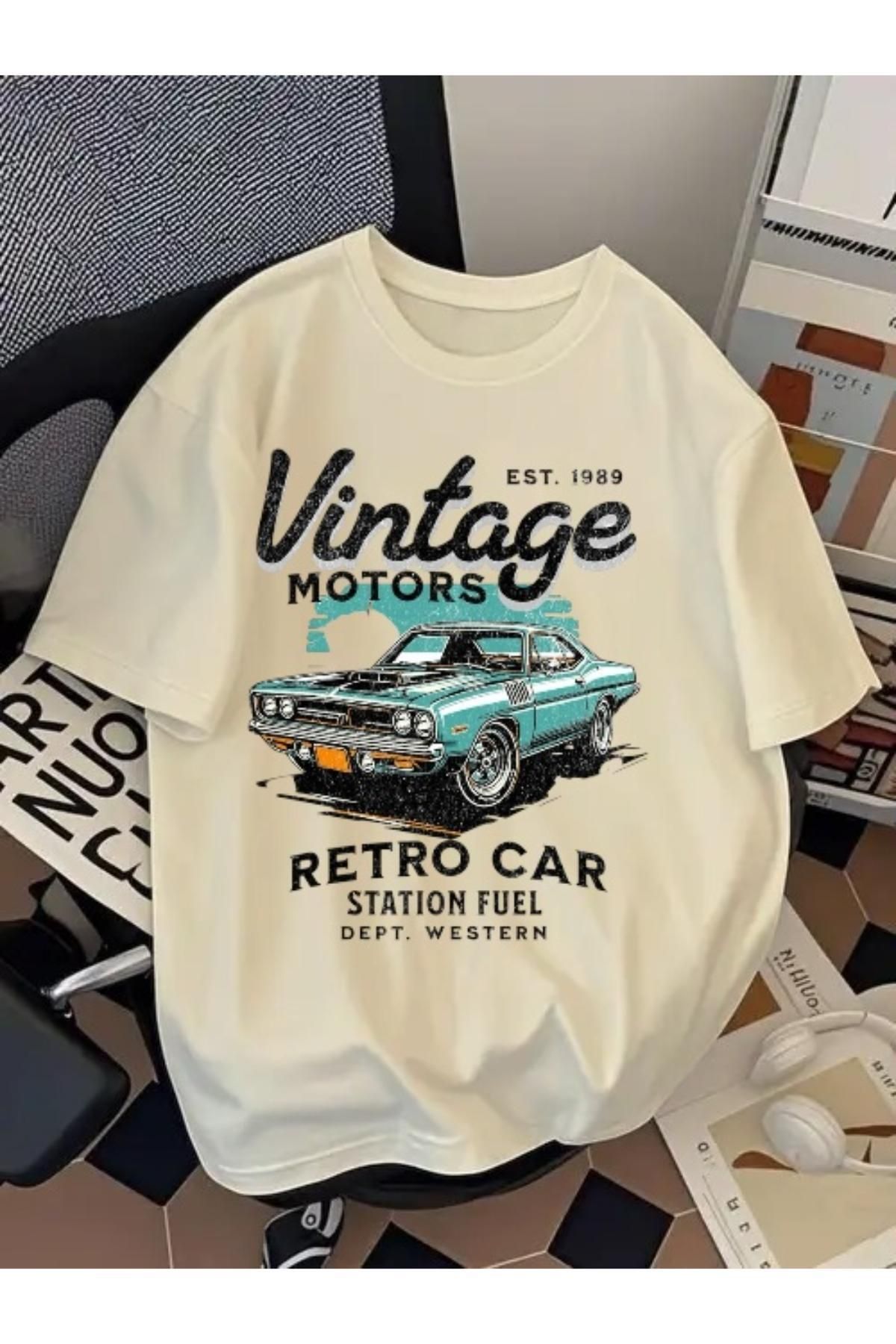 EQİ Vintage Retro Car Baskılı Oversize T-Shirt