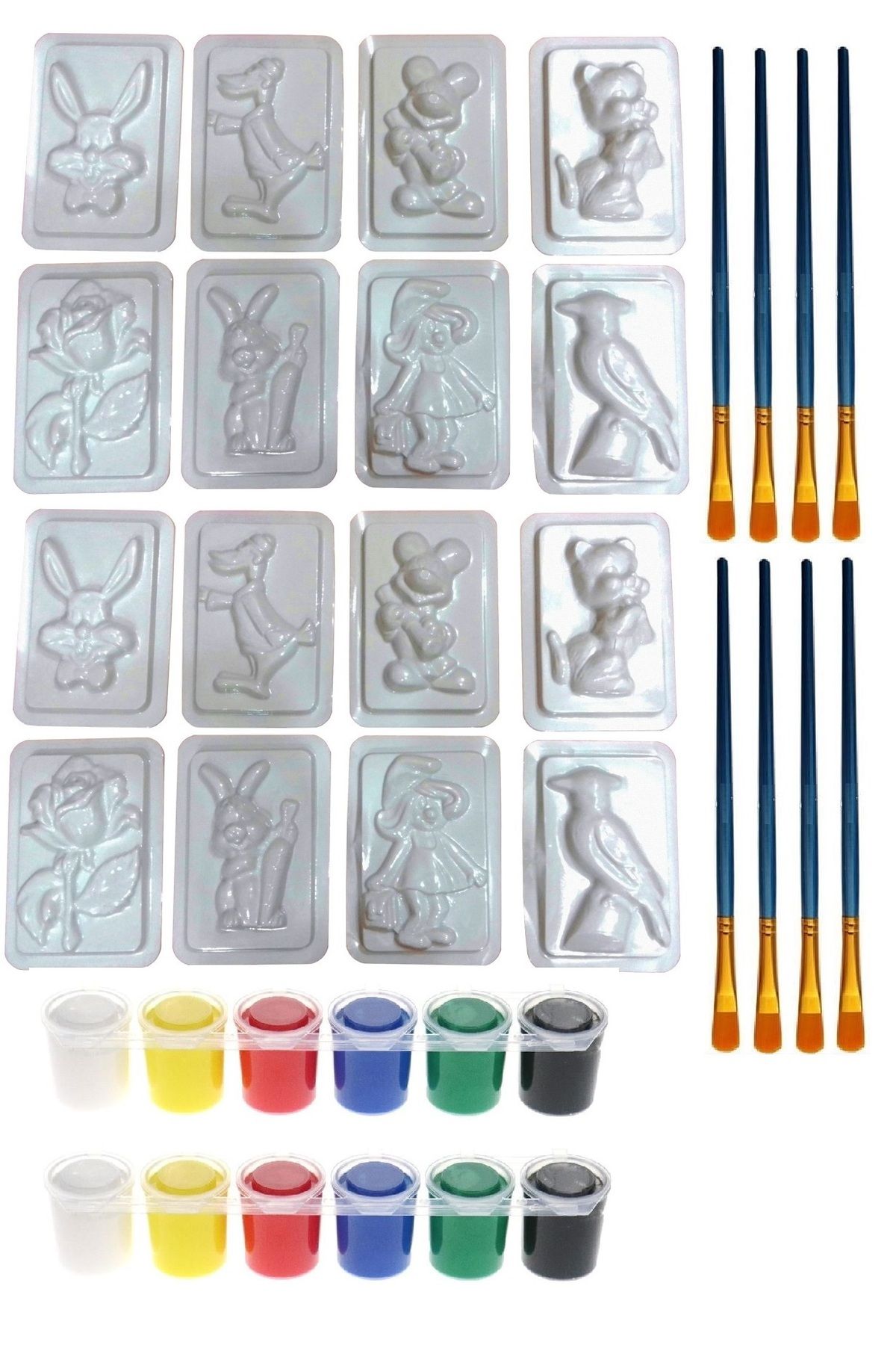 MİLACOLOR 16 Adet, Alçı Kalıbı, Seramik Kalıbı, 8 Farklı Model 2x6lı Guaj Boya 8 Fırça