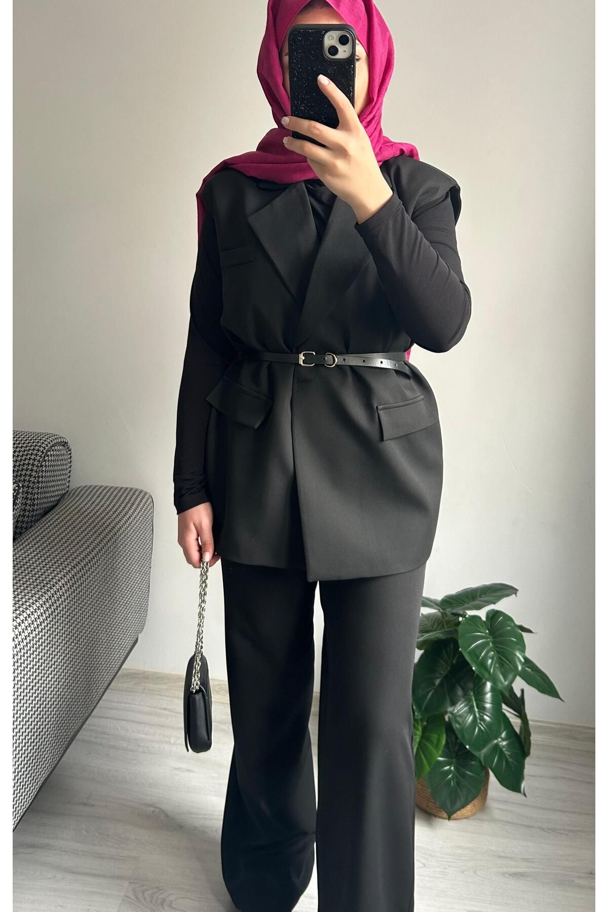 MODA SİYAH VATKALI KEMERLİ CEKET