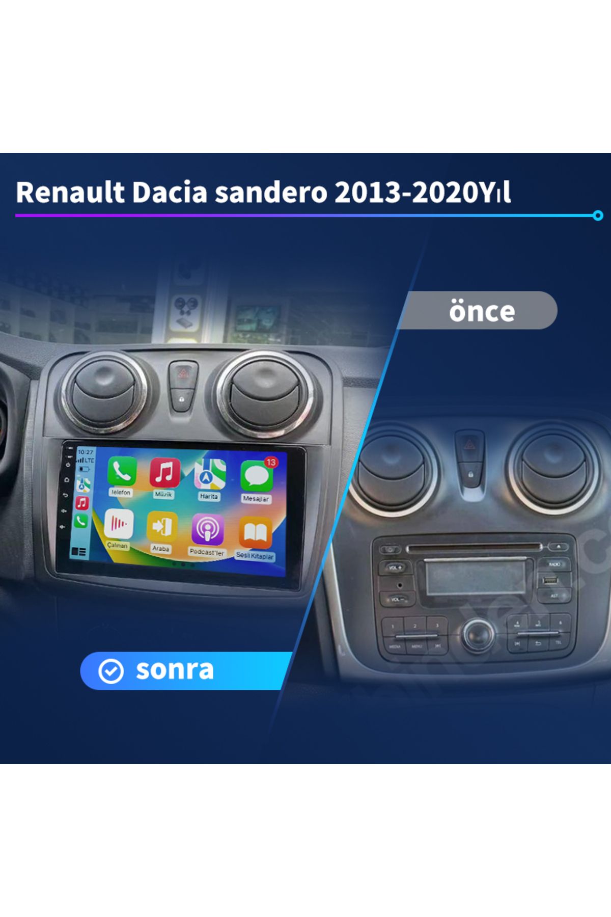 coni Renault Dacia sandero 2013-2020Yıl 2G Ram 32GRom Multimedya Kablosuz Carplay Navigasyo kamera hediye