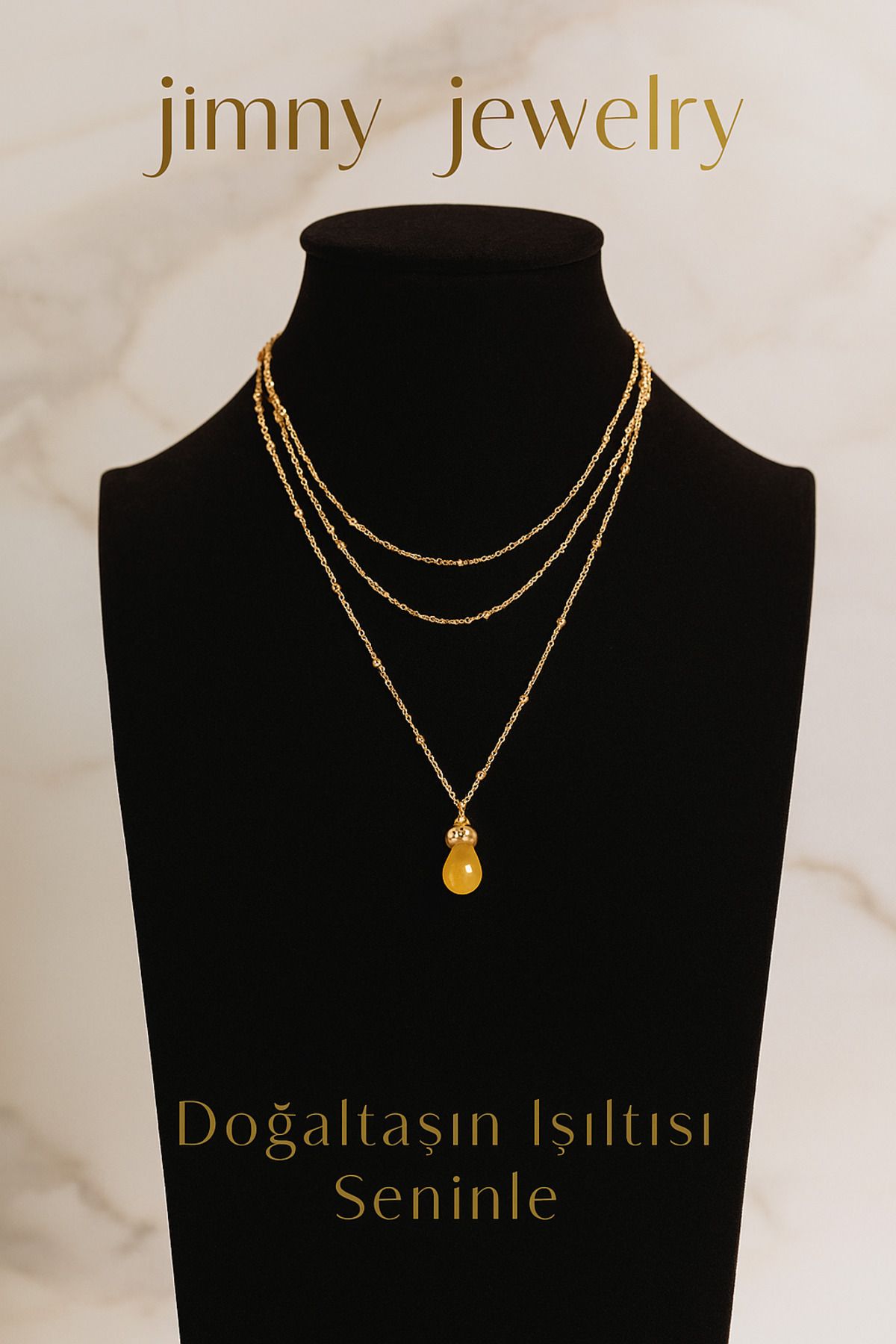 JİMNY JEWELRY Pelot Gold Damla Kesim Sarı Kedi Gözü Uçlu Kolye