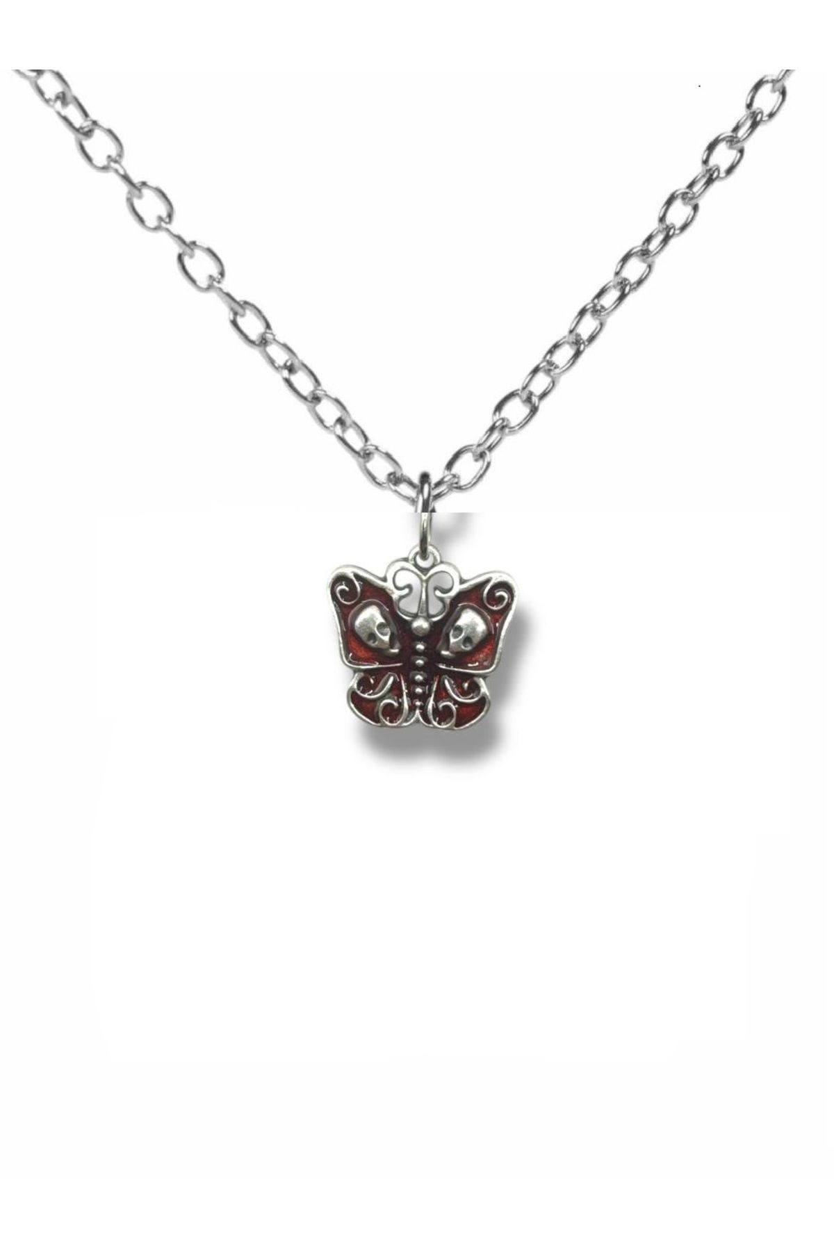 Herşey Nota Deathly Butterfly Figürlü Unisex Kolye | Kırmızı Zincirli | Gotik Tasarım