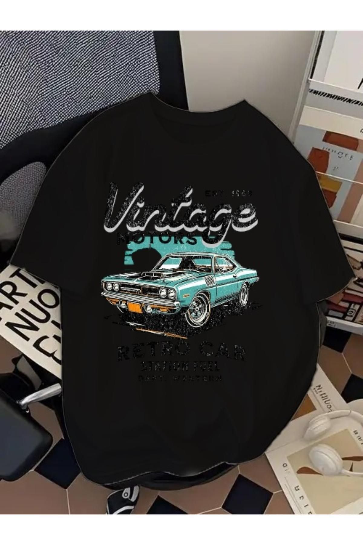 EQİ Vintage Retro Car Baskılı Oversize T-Shirt
