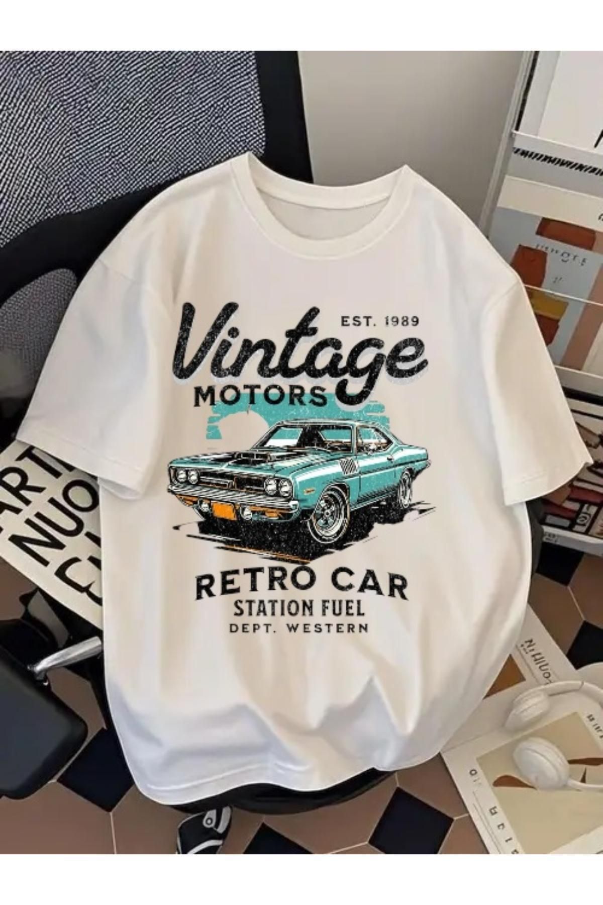 EQİ Vintage Retro Car Baskılı Oversize T-Shirt