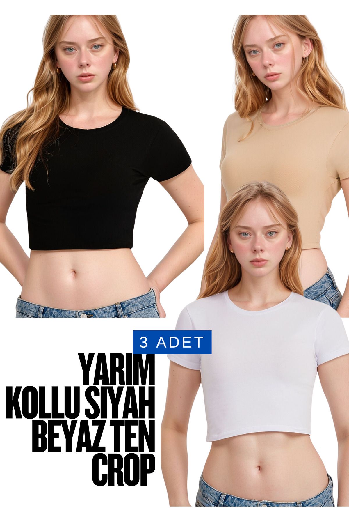 Loule Kadın Giyim Pamuklu Elastan Yarım Kol Bisiklet Yaka 3'lü Beyaz - Siyah - Ten Crop LL.011.ILK.110