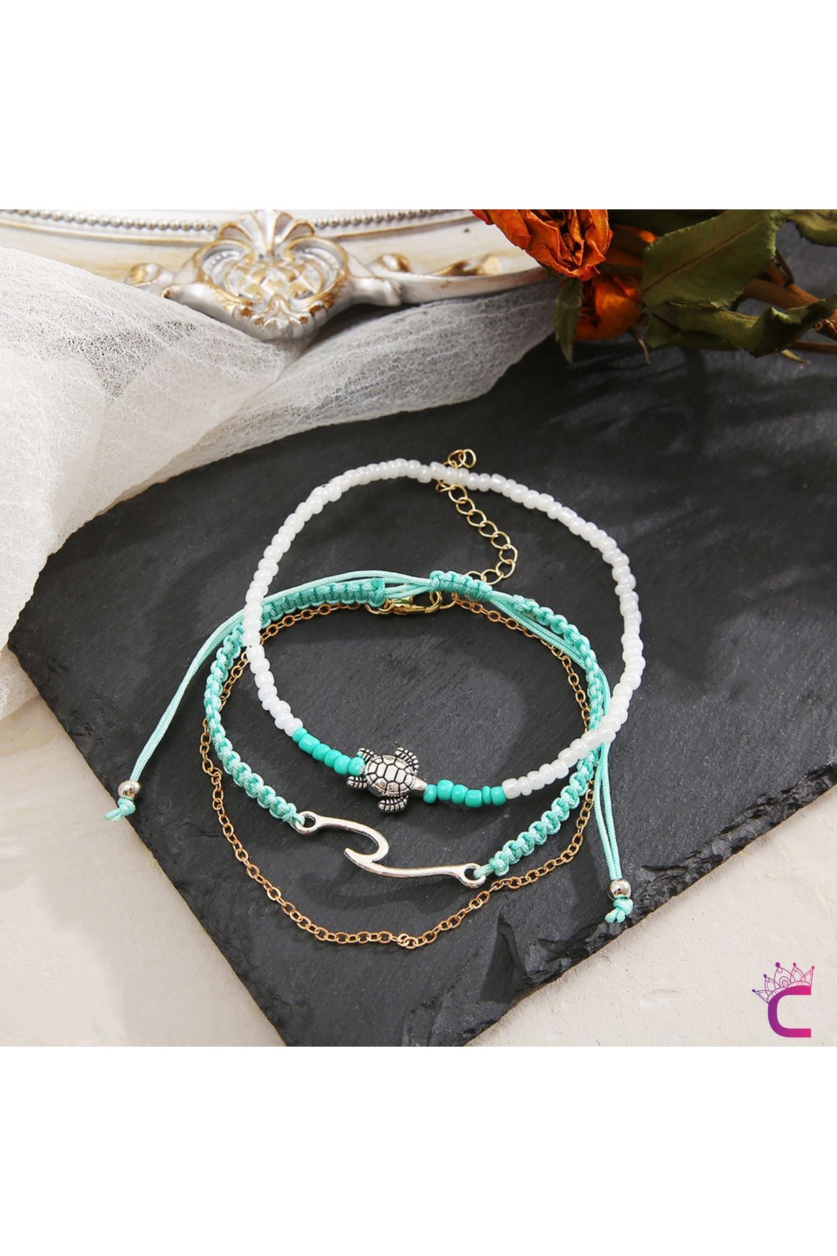 Cinderella-3-Piece Combination Anklet with Rubber Figured Knitted Drawstring Miyuki Stone Chain - Adjustable Rope Anklet 2