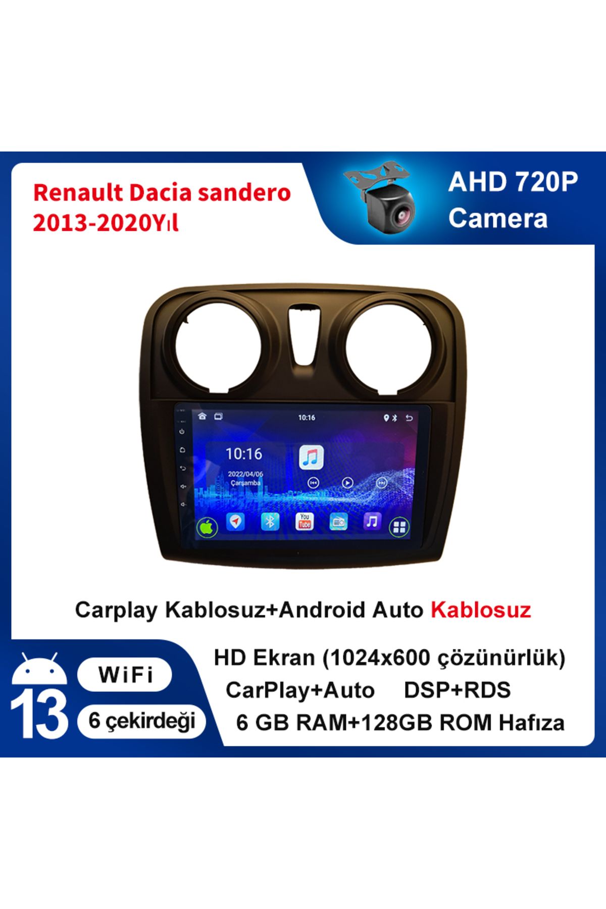coni Renault Dacia sandero 2013-2020Yıl 6GRam 128GRom Multimedya Kablosuz Carplay Navigasyo kamera hediye