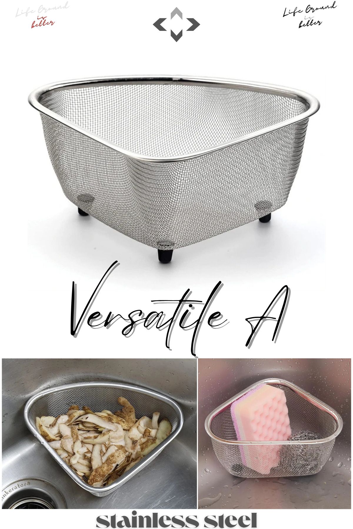 LİGROUND Versatile A Üçgen Lavabo İçi Süzgeç Paslanmaz Çelik Ayaklı Çok Amaçlı Tezgah Üstü Mini Süzgeç Çöp