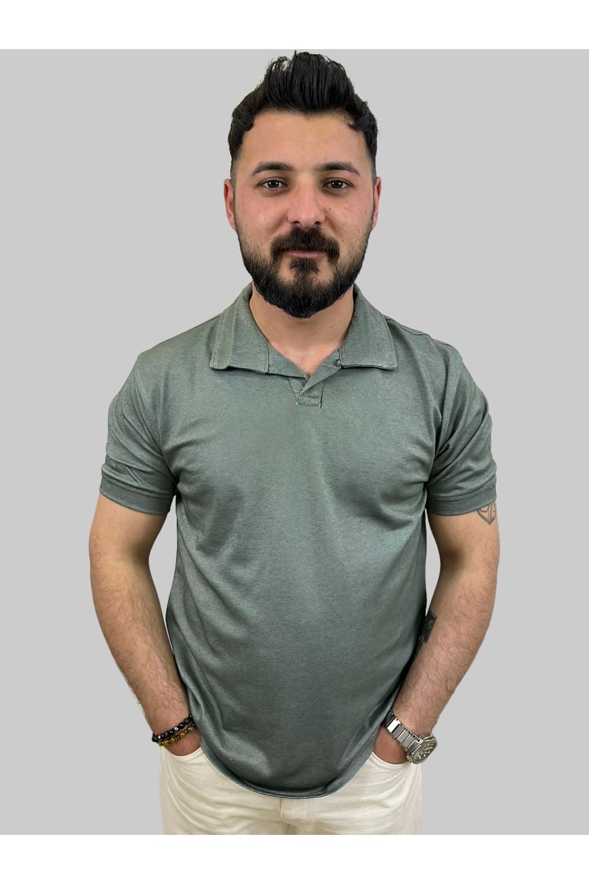 daniel milano Erkek Bymn Düğmesiz Polo Yaka Açık Yeşil Tişört