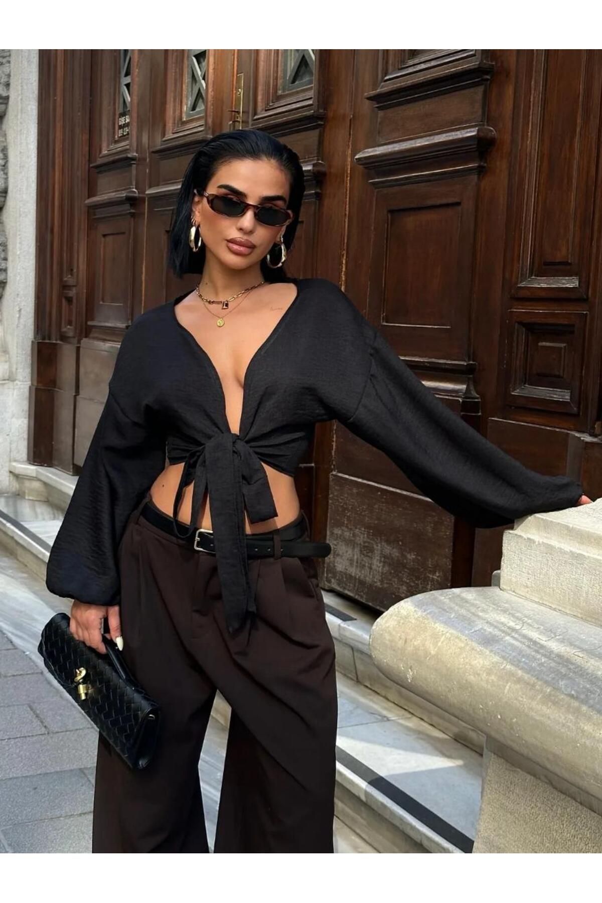 World Fashion Trends 8033 Önü Bağcıklı Uzun kollu Keten Look Bluz