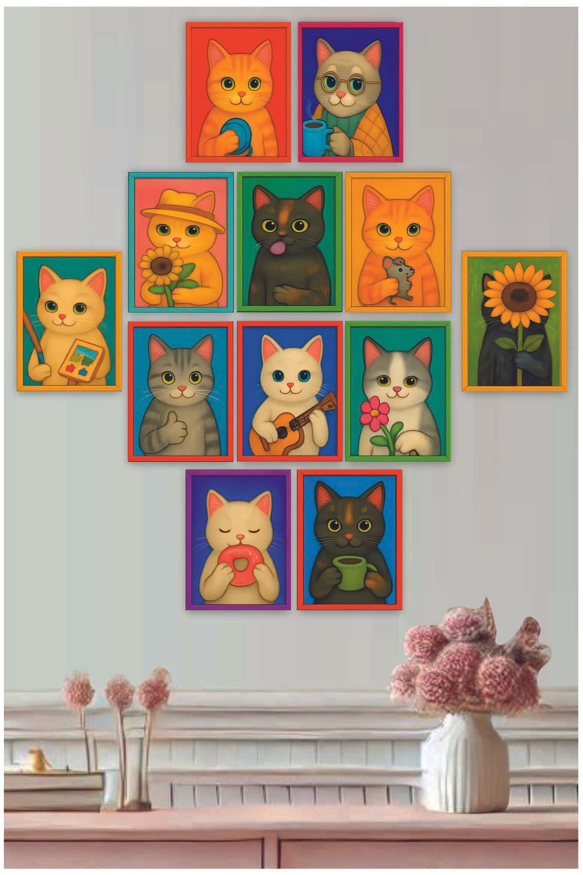 UNT Kedi Tablo Seti Renkli Çerçeve Görünümlü Kedili Mdf Tablo Seti 12 Parça