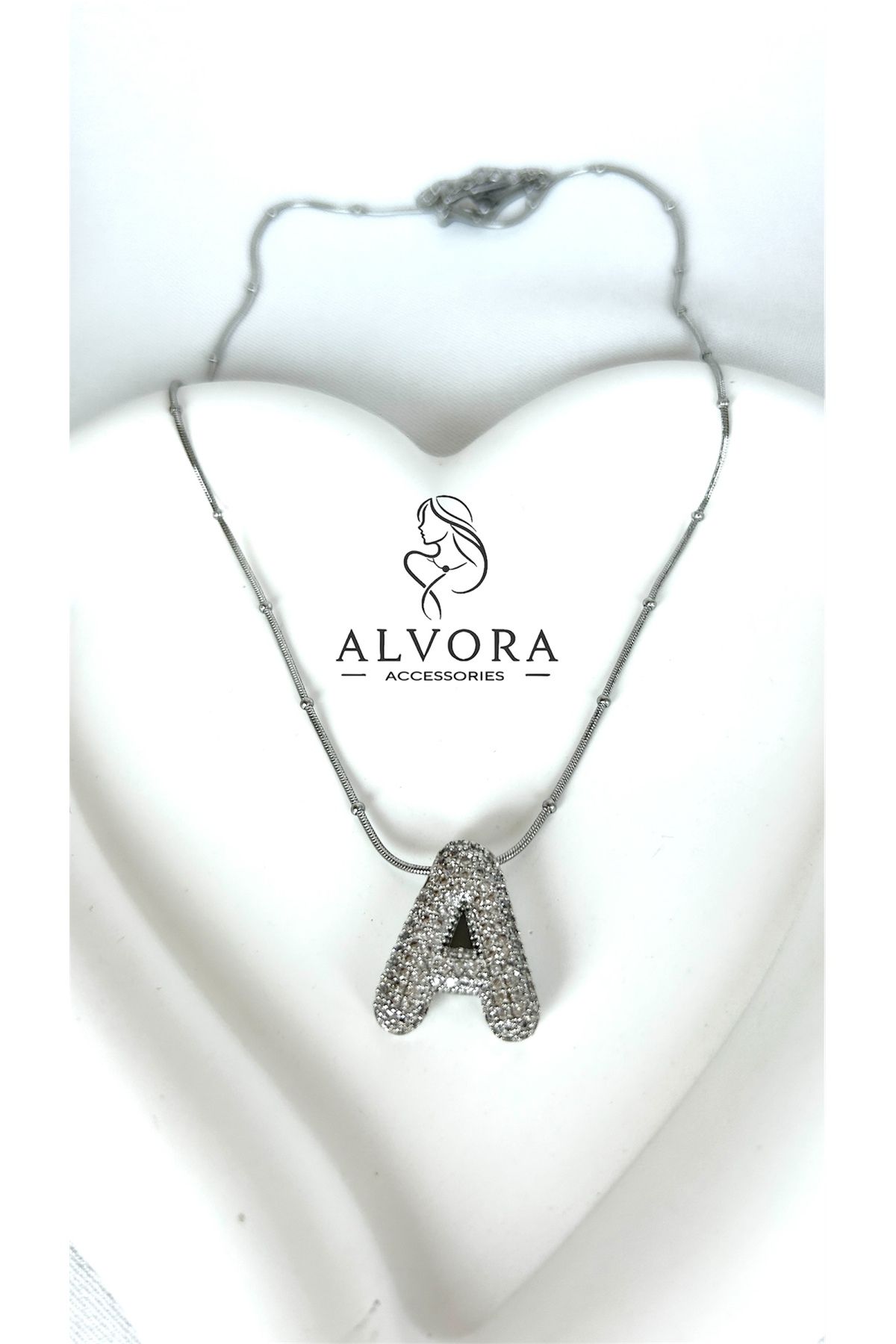 Alvora Accessories A Harfi Paslanmaz Çelik Gümüş Renk Zirkon Taş Detaylı Harf Kolye