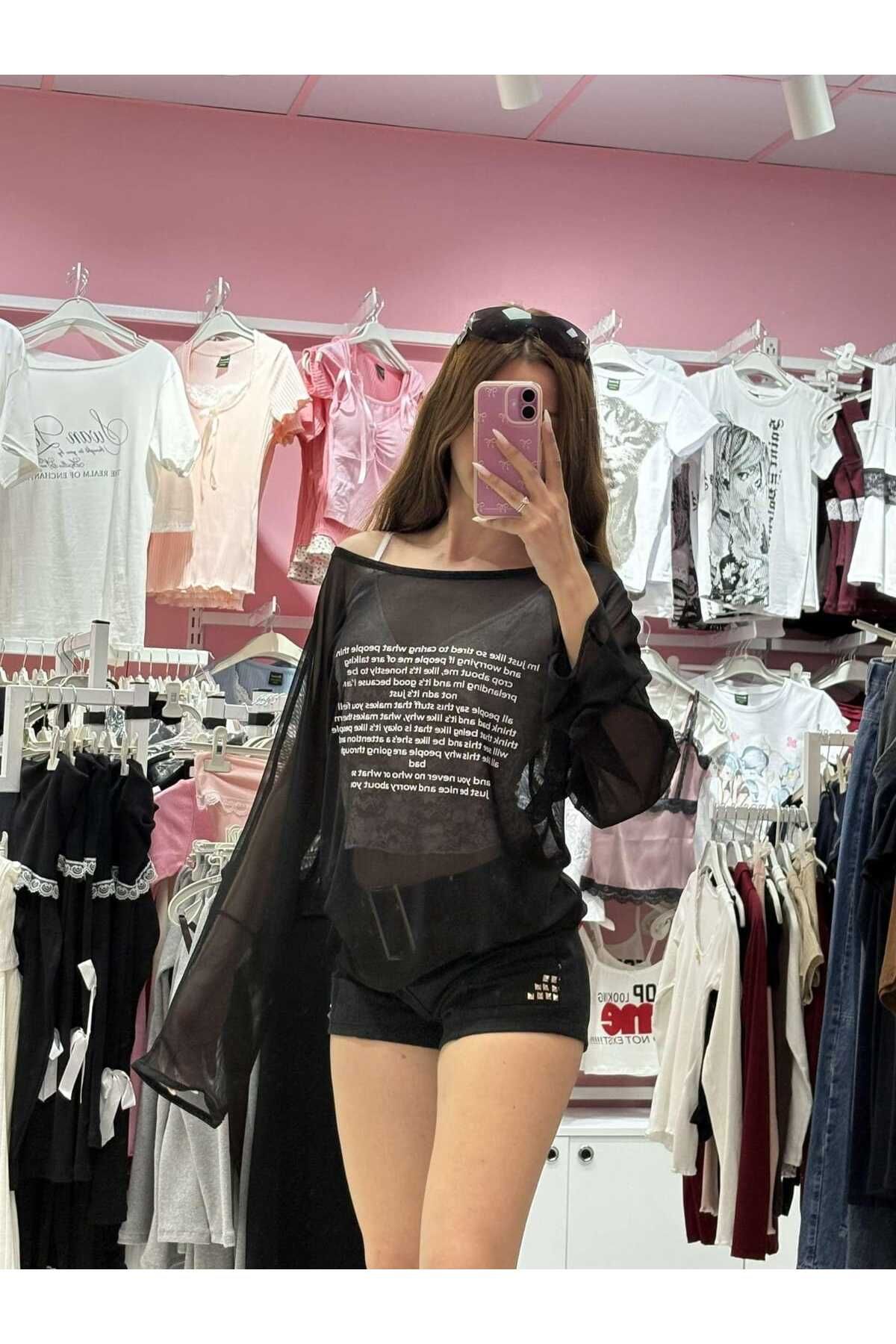 İsra Ayyıldız Moonstar Collection Salaş Transparan Düşük Omuz Uzun Kol T-shirt