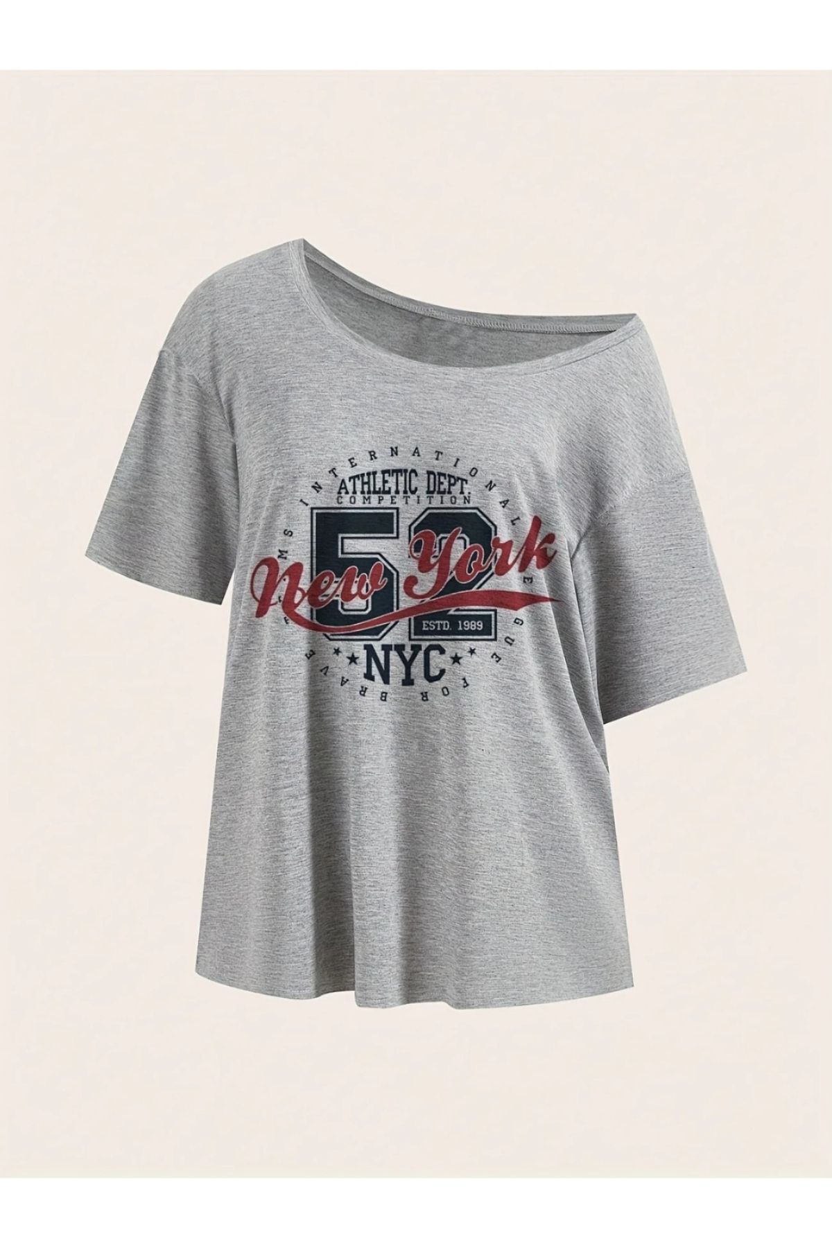 Koklonmoda Kadın Düşük Omuz Kayık Yaka New York 52 Baskılı T-Shirt
