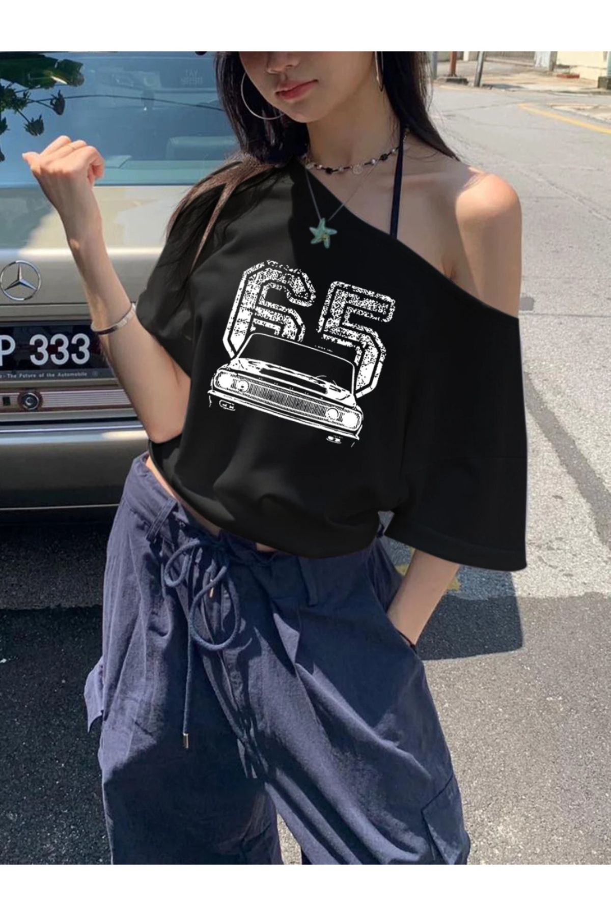 Koklonmoda Büyük Beden Kadın Düşük Omuz Kayık Yaka Antika 65 Baskılı T-Shirt