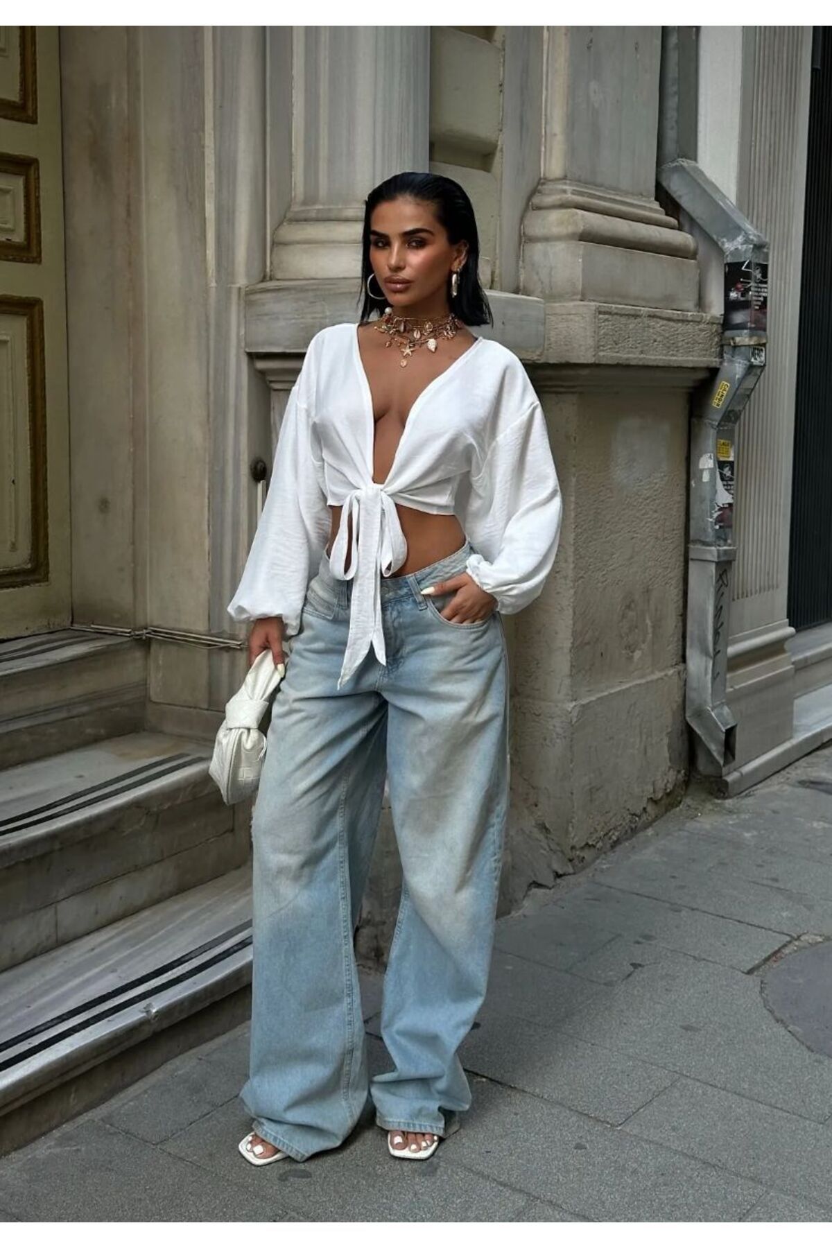 World Fashion Trends 8033 Önü Bağcıklı Uzun kollu Keten Look Bluz