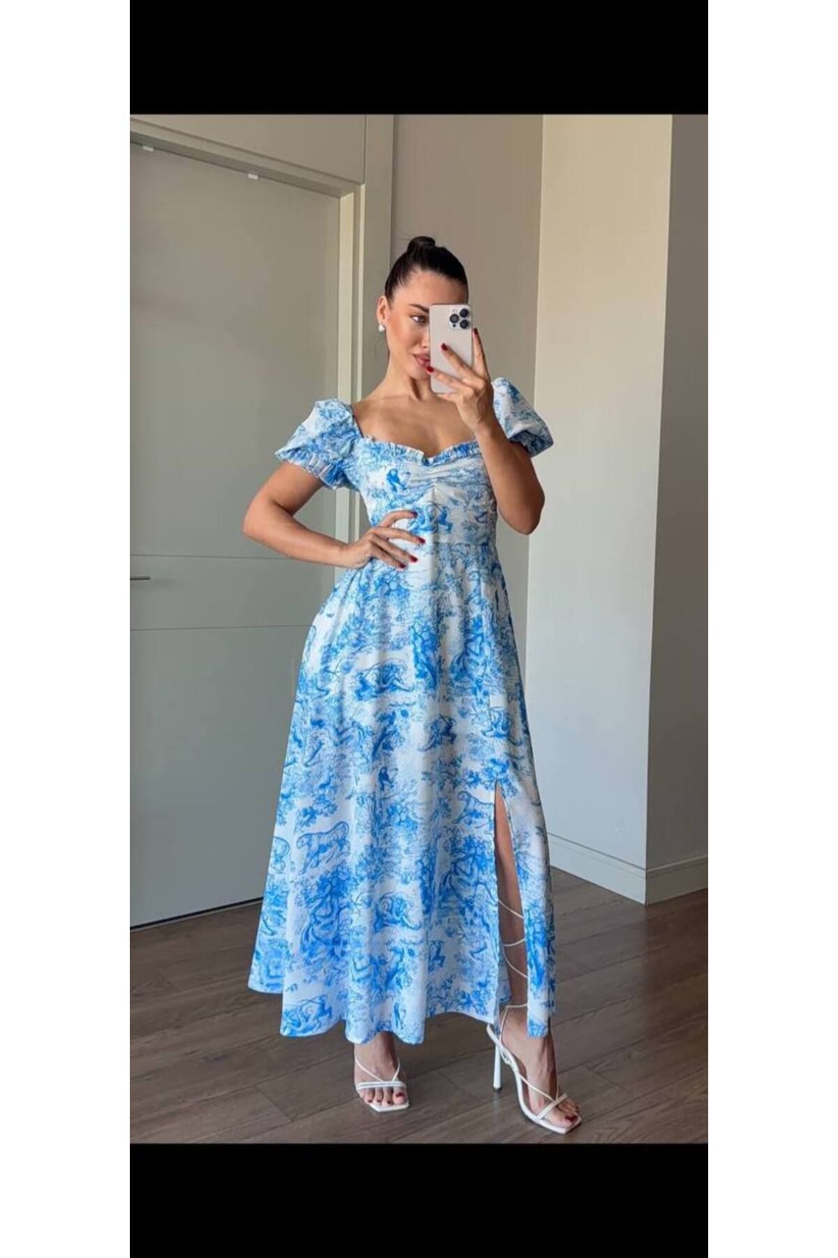 Nopen Knitwear Önü Büzgülü Yırtmaç Detaylı Maxi Boy Elbise