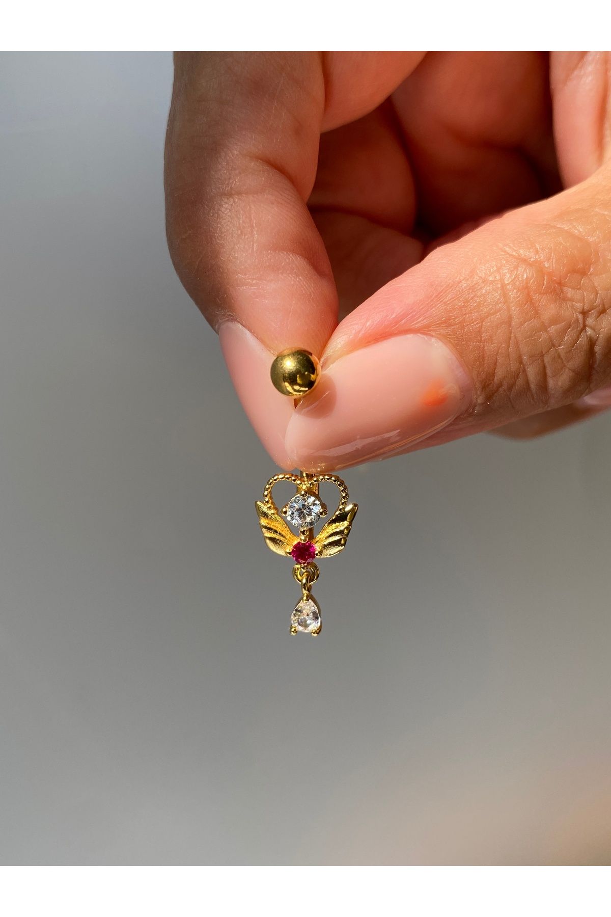 kurukafagift Çelik Göbek Piercing Kanatlı Kalp Melek Zirkon Taşlı Model