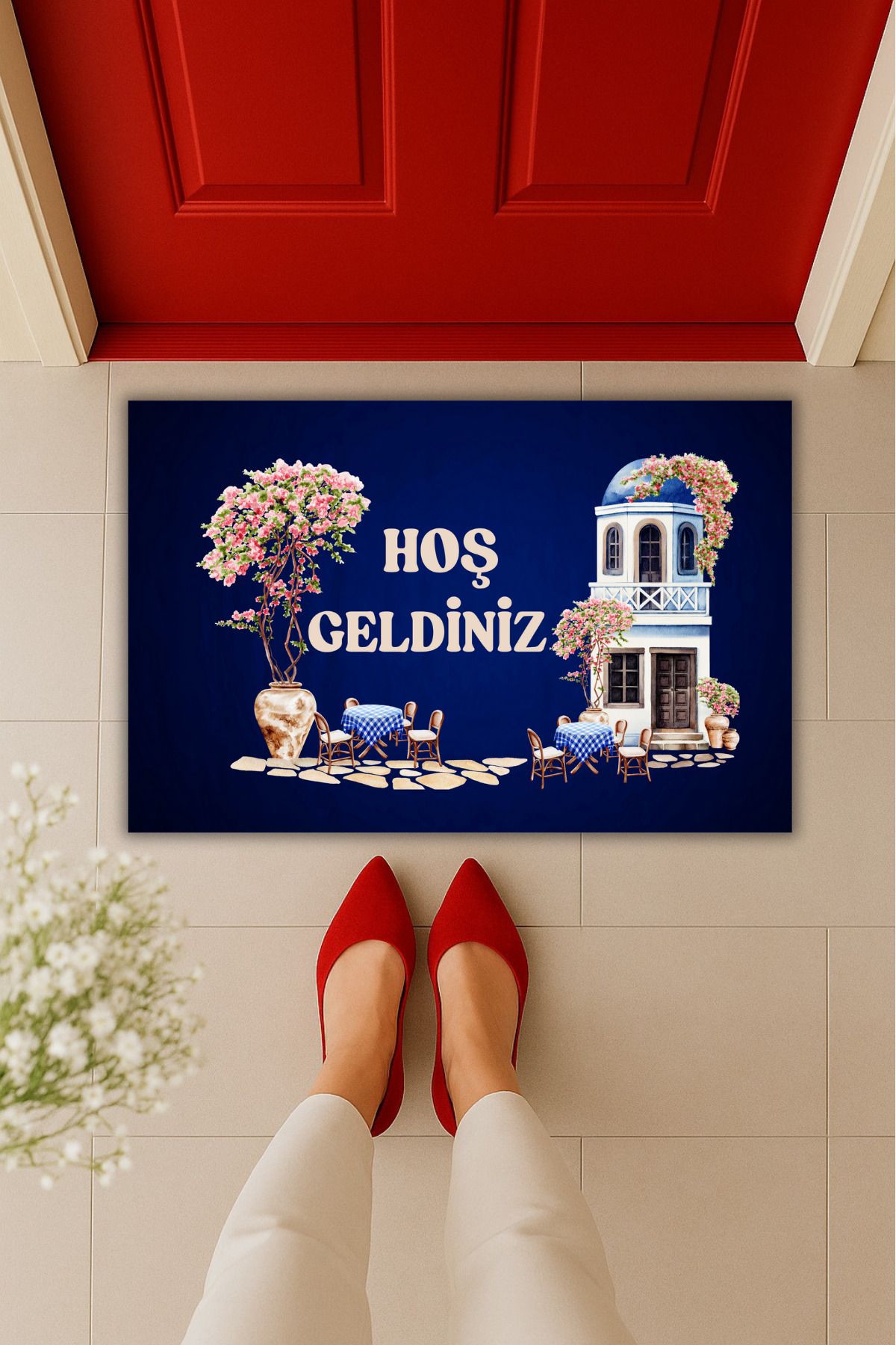 Dormot Home Yüksek Kaliteli Dijital Baskı Santorini Paspas Kapı Önü Paspası