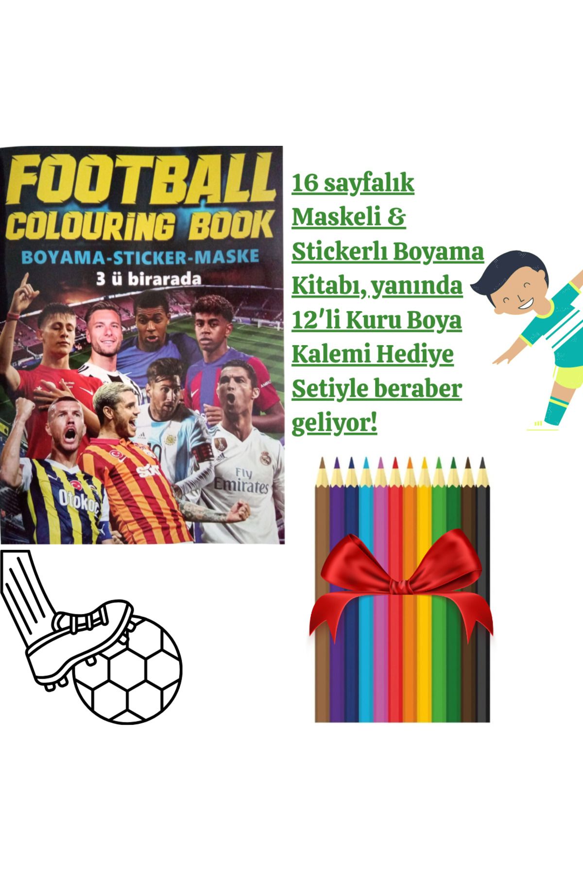 booddie Football Futbol Boyama Kitabı Stickerlı (arka Kapak Kesilerek Maskeli ) 12'li Kuru Boya Kalem Seti
