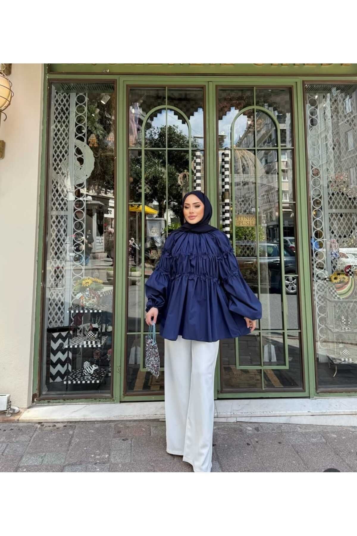 by nursel çiçek Kadın Trend Balon Kol Çiçek Detaylı Tasarım Gömlek Tunik