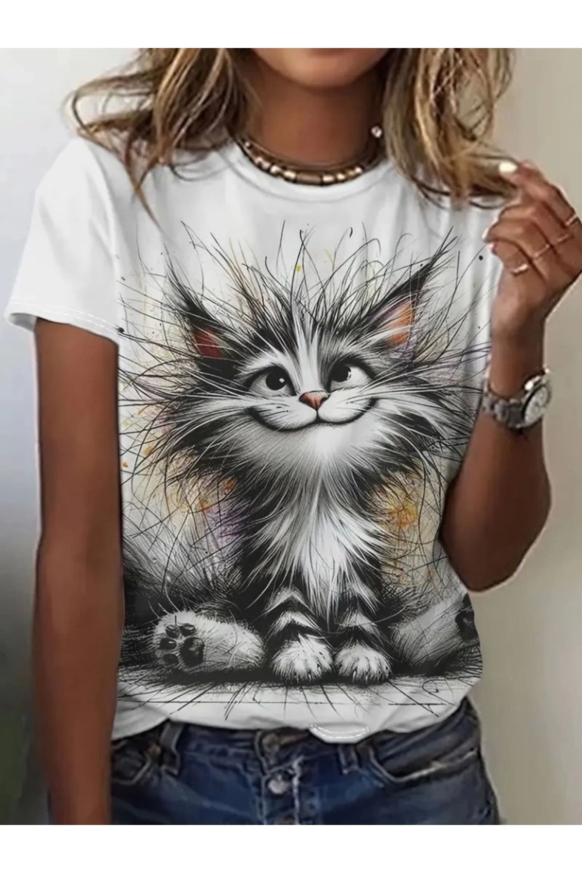 Silerra Kadın Kısa Kollu Bisiklet Yaka Kedi Baskılı Süprem Bluz