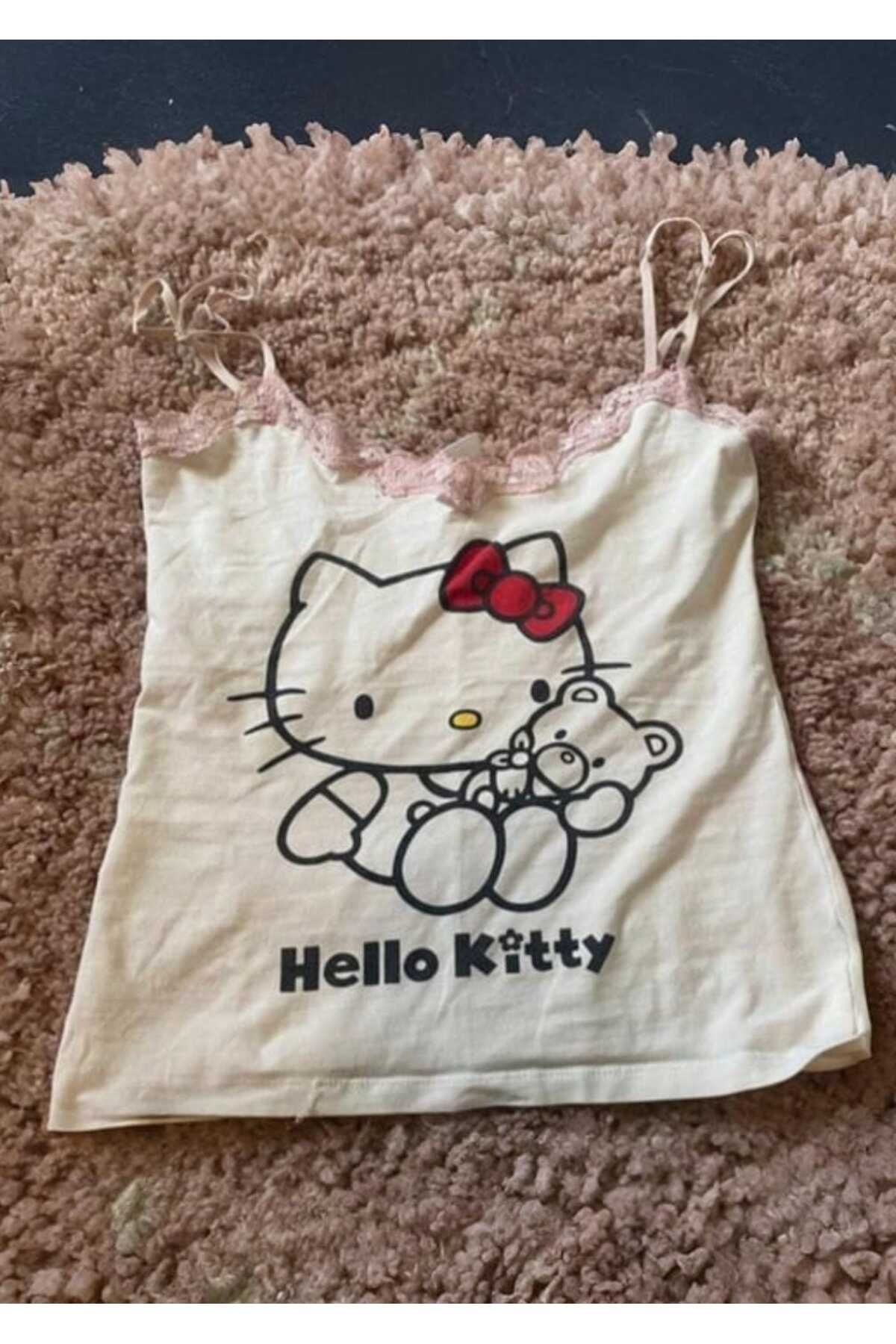 İsra Ayyıldız Moonstar Collection Beyaz Hello Kitty Bear Cub Y2K Askılı Crop