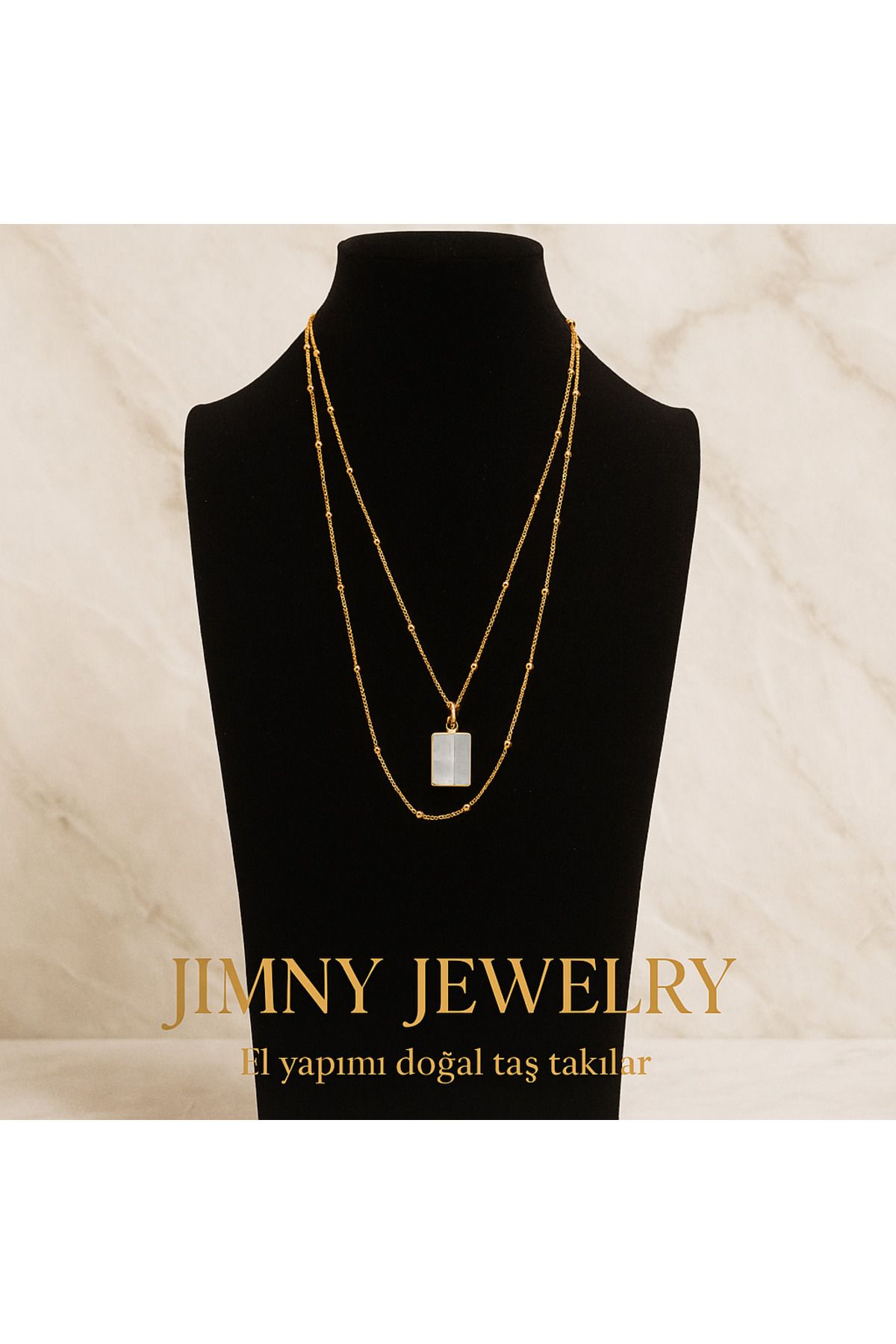 JİMNY JEWELRY Pelot Gold Bombeli Dikdörtgen Kesim Kristal Kuvars Uçlu Kolye