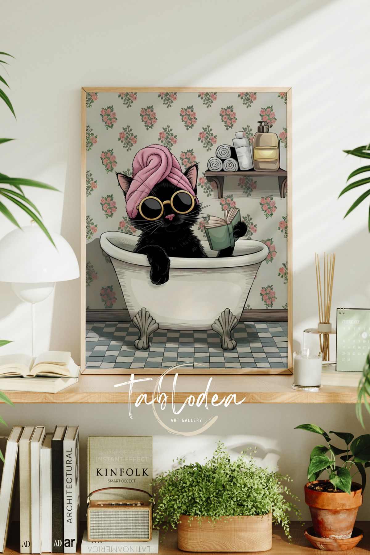 tablodea Kedili Banyo Çerçeveli Poster Tablo, Kedili Wc Soyut Dekoratif Modern Tablo, Kedili Pinterest Tablo