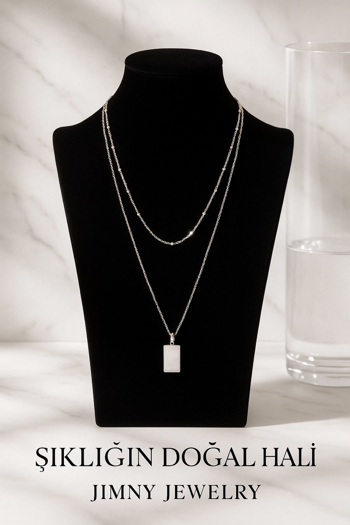 JİMNY JEWELRY Pelot Silver Bombeli Dikdörtgen Kesim Kristal Kuvars Uçlu Kolye