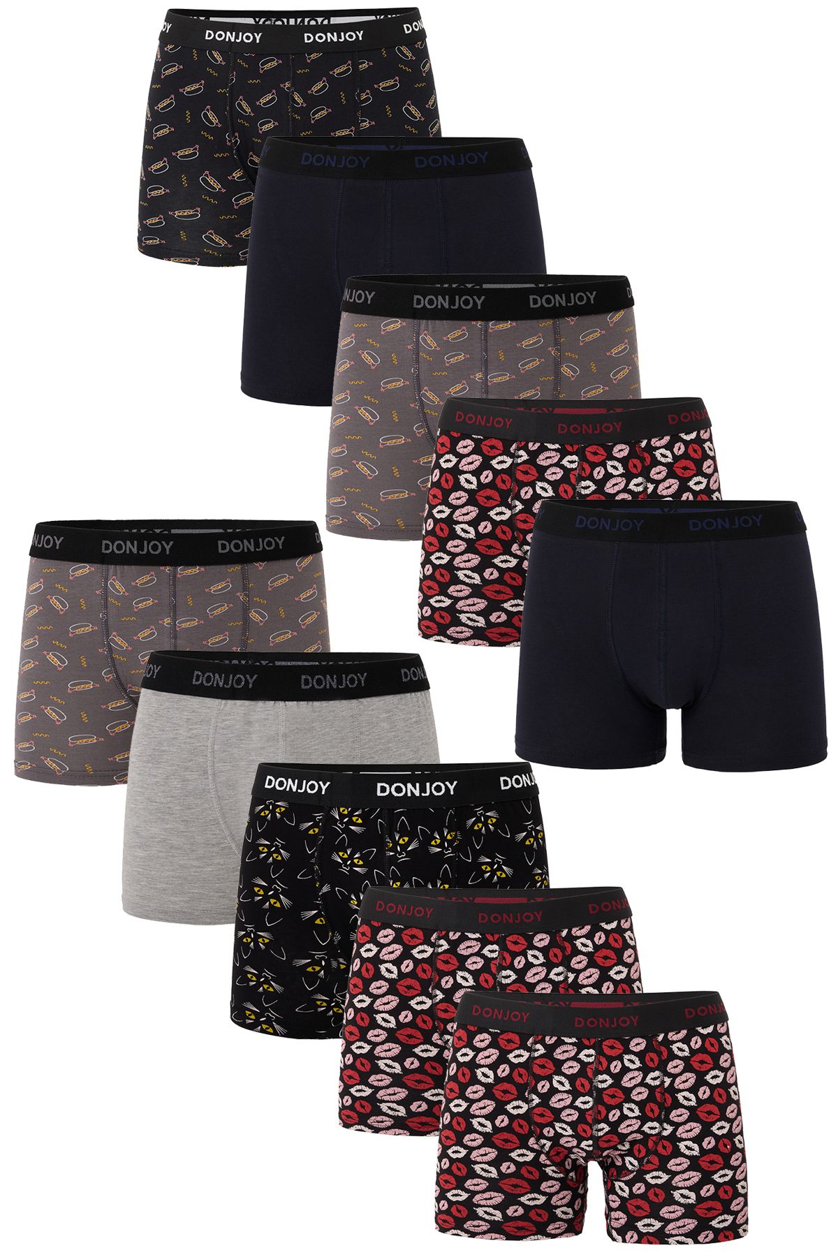 don joy Erkek 10'lu Karışık Desenli Pamuklu Penye Beli Lastikli Boxer