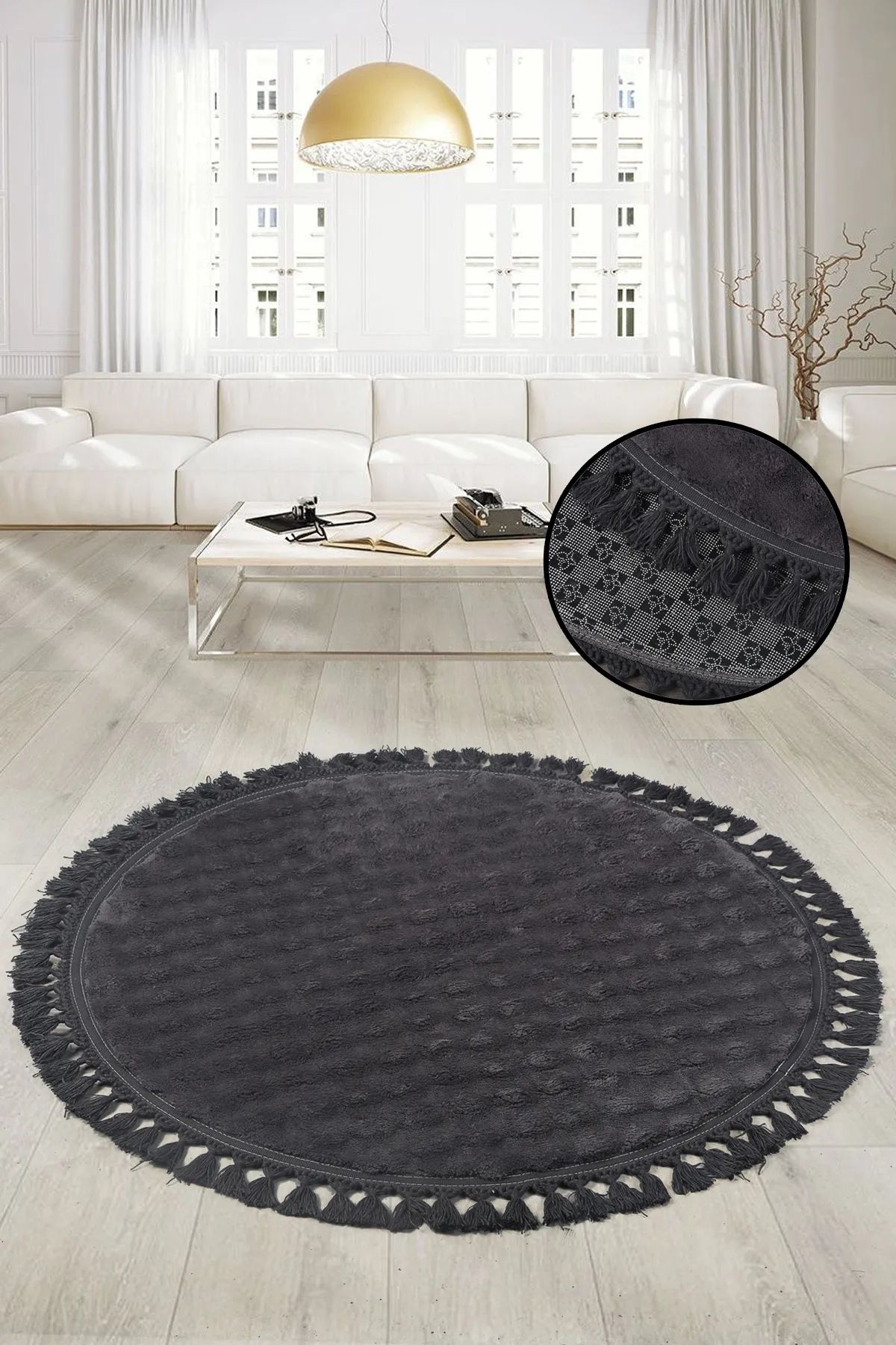 SerenitaHome Post/Peluş Kaymaz Taban Yıkanabilir Bubble Yuvarlak Saçaklı Antrasit Salon Koridor Mutfak Halısı
