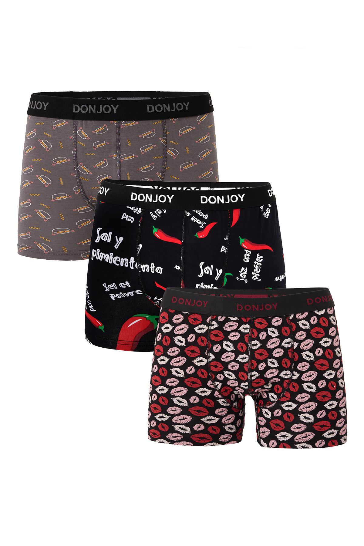 don joy Erkek 3'lü Karışık Desenli Pamuklu Penye Beli Lastikli Boxer