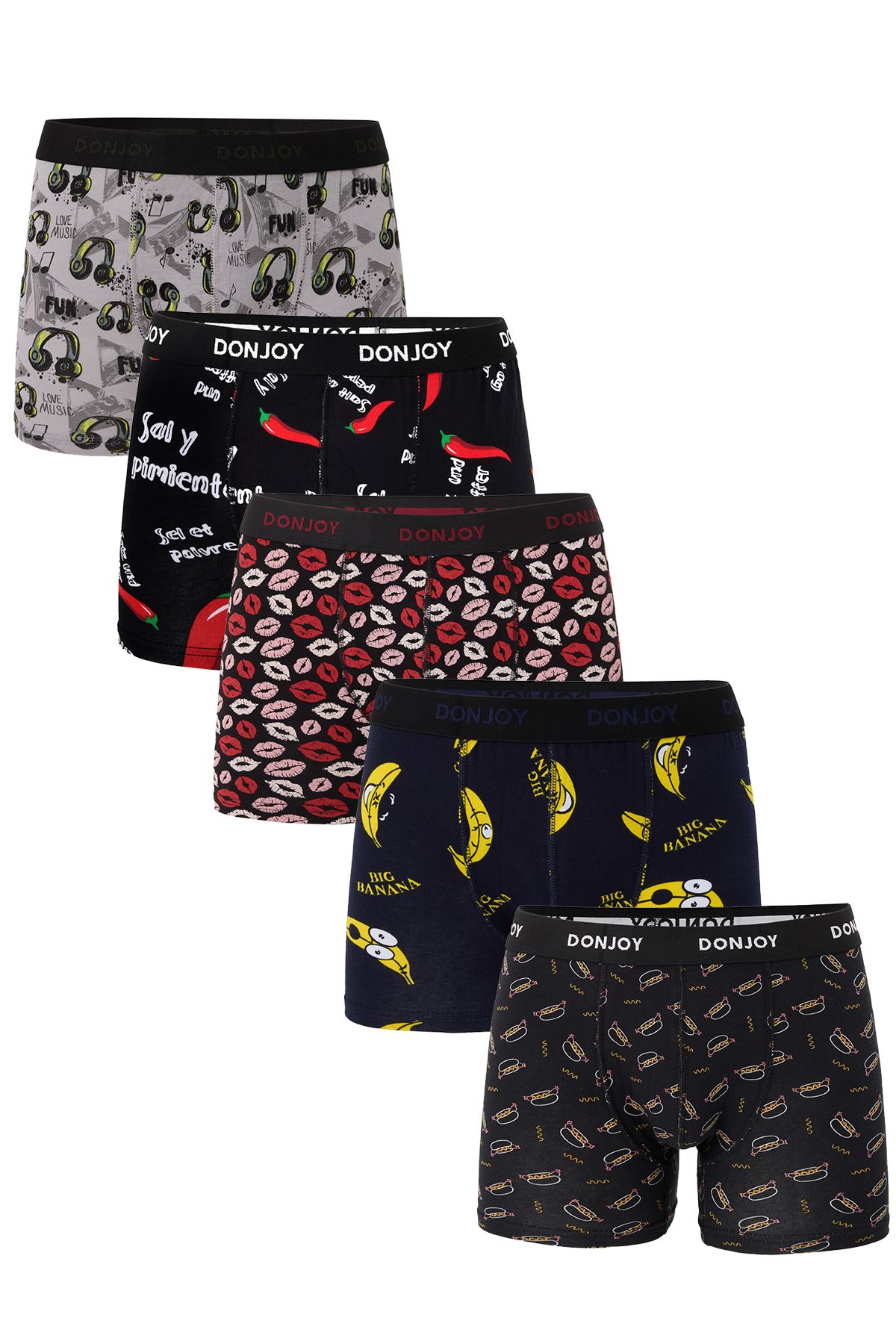 don joy Erkek 5'lİ Karışık Desenli Pamuklu Penye Beli Lastikli Boxer