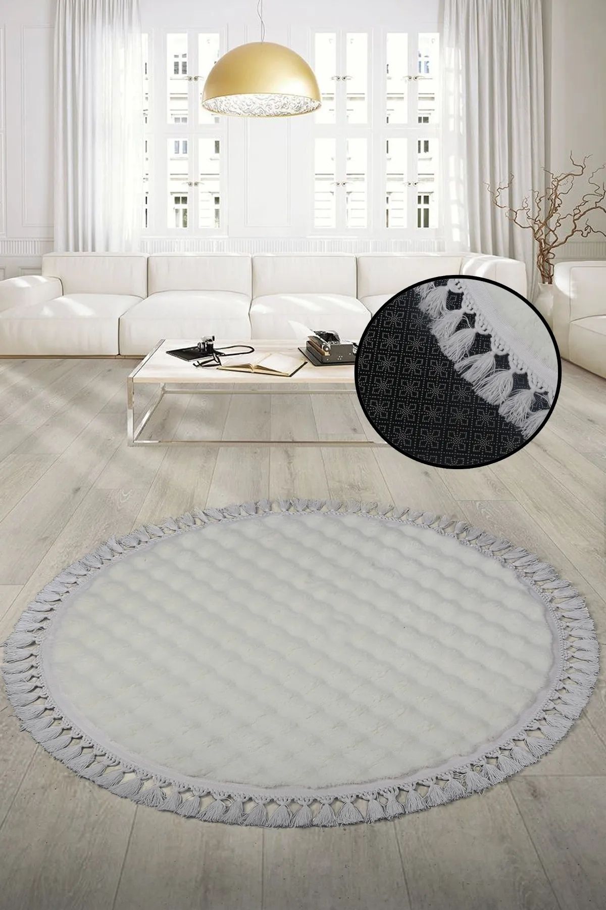 SerenitaHome Post/Peluş Kaymaz Taban Yıkanabilir Bubble Yuvarlak Saçaklı Krem Salon Koridor Mutfak Halısı