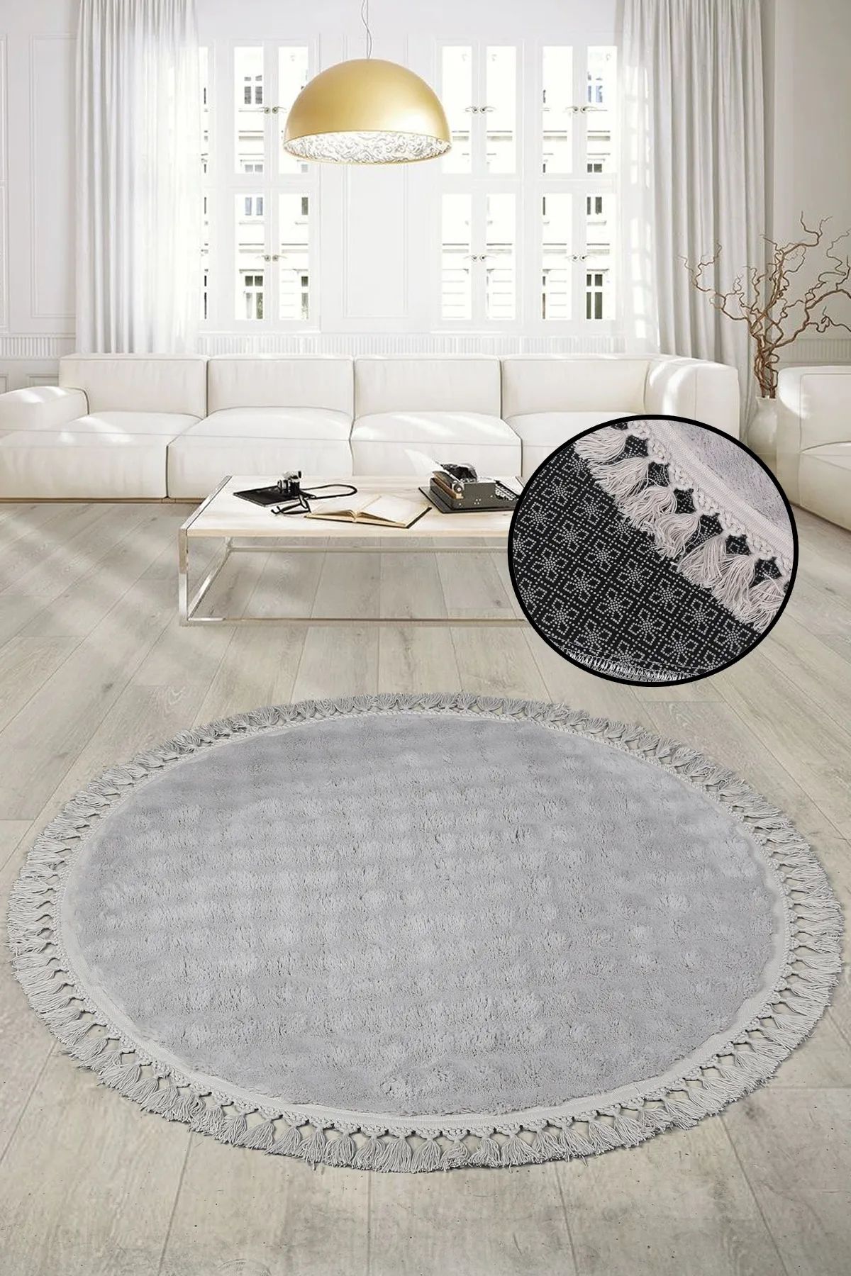 SerenitaHome Post/Peluş Kaymaz Taban Yıkanabilir Bubble Yuvarlak Saçaklı Gri Salon Koridor Mutfak Halısı