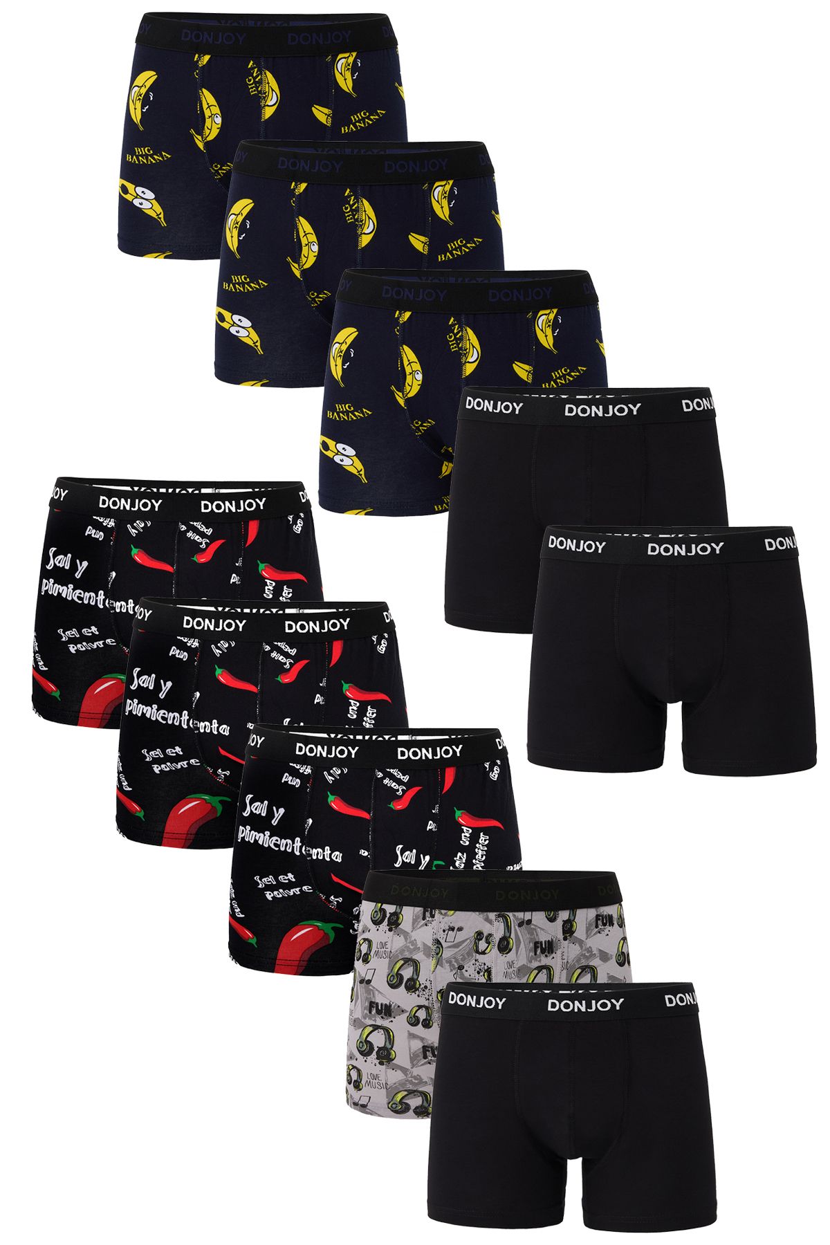 don joy Erkek 10'lu Karışık Desenli Pamuklu Penye Beli Lastikli Boxer